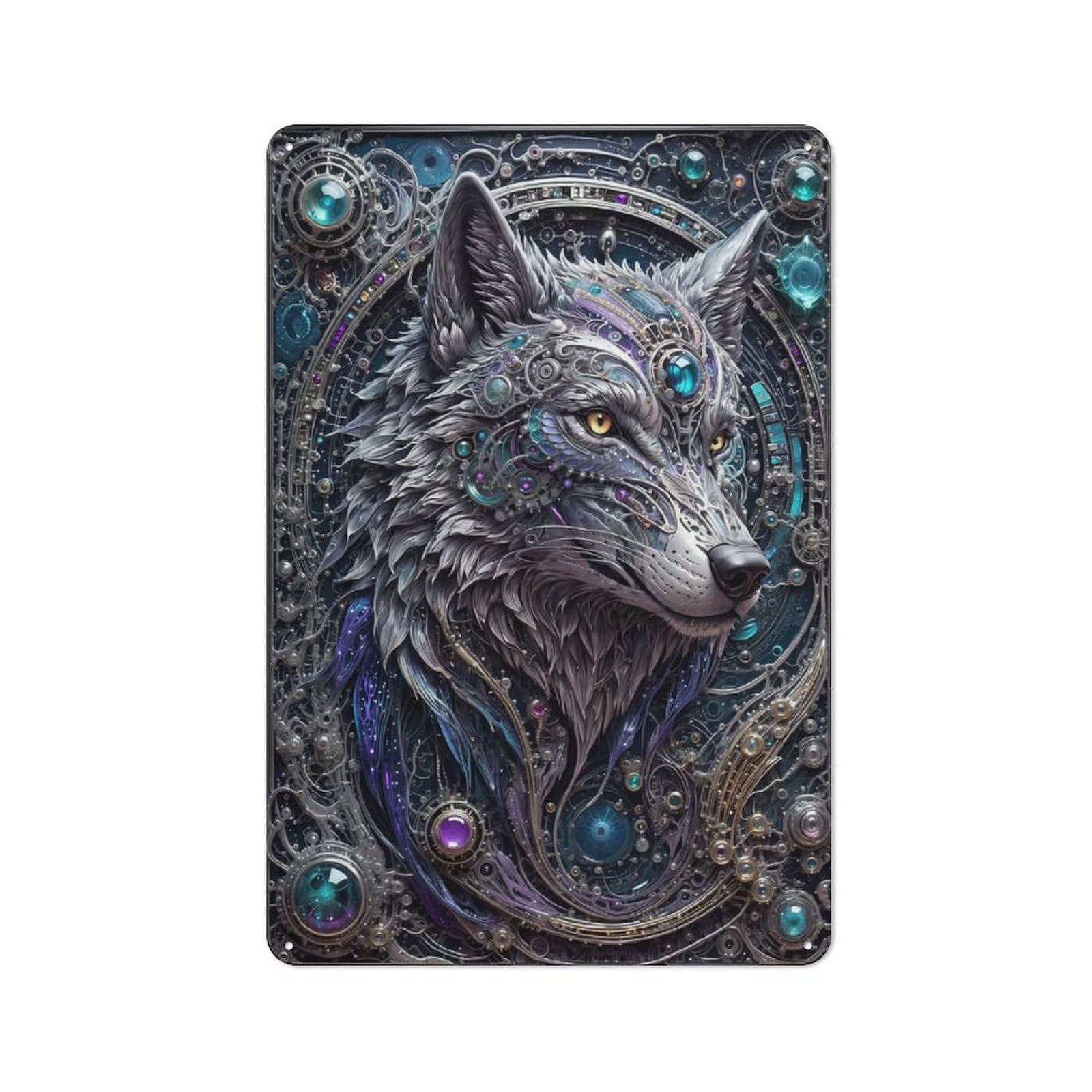 Junmoney Style-18 Retro Metal Wall Sign 30X20cm Featuring Futuristic Steampunk Wolf For Garage Wall, For Garage, Workshop And Man Cave Decoration