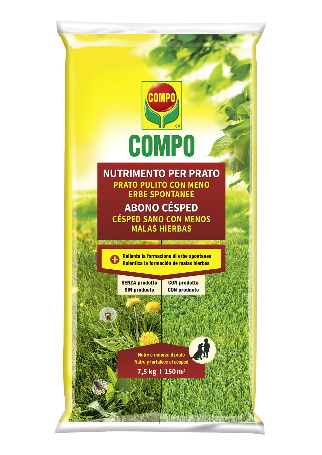 COMPO Abono Césped 2 en 1, Césped sano con menos malas hierbas, 7,5Kg