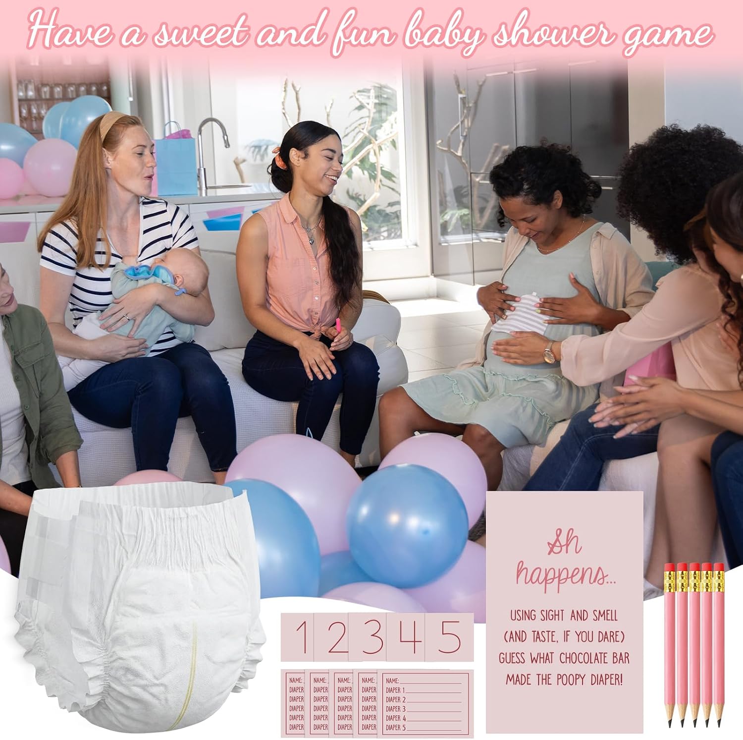 Sinload 46 Pcs Baby Shower Game Set, Dirty Diaper Game,Girl,Pink