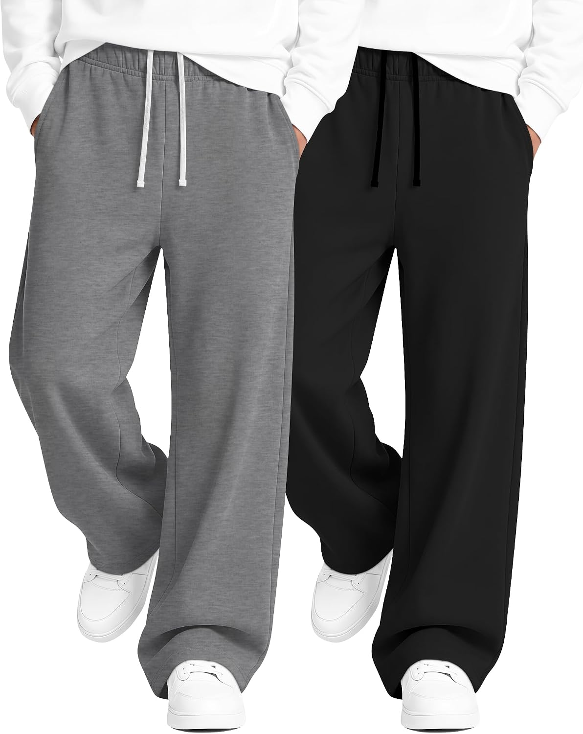2 Pack Boy Baggy Sweatpants School Pants | Wide Leg Trousers for Tween with Pockets, Kids Uniform Outfits, Youth Open Bottom Athletic Clothes, Basic Casual Clothing