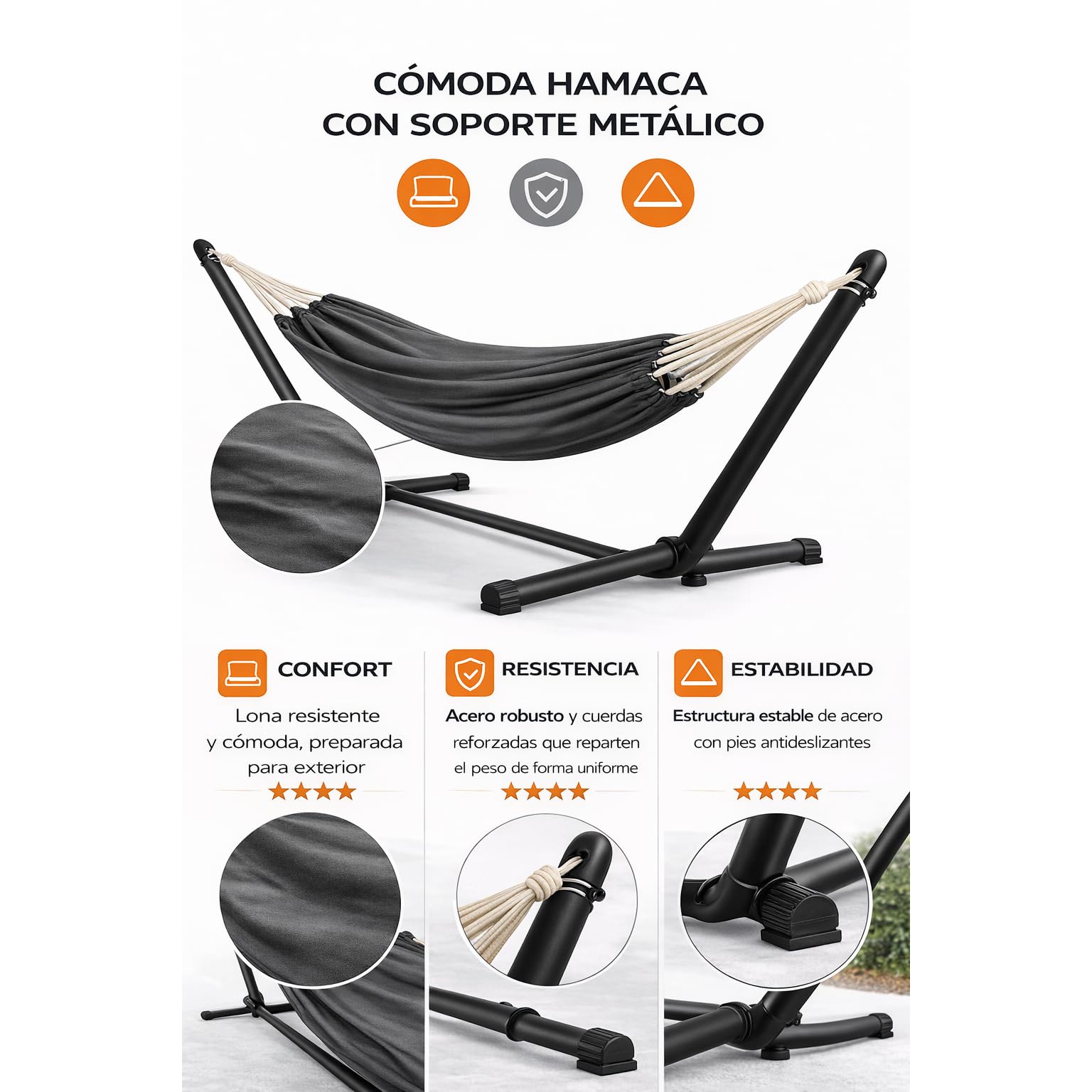 Acomoda Textil - Hamaca de Jardín con Soporte Metálico 270x100x95 cm, Estructura de Acero Resistente con Lona Cómoda, Hamaca Exterior para Terraza, Patio, Balcón o Camping.