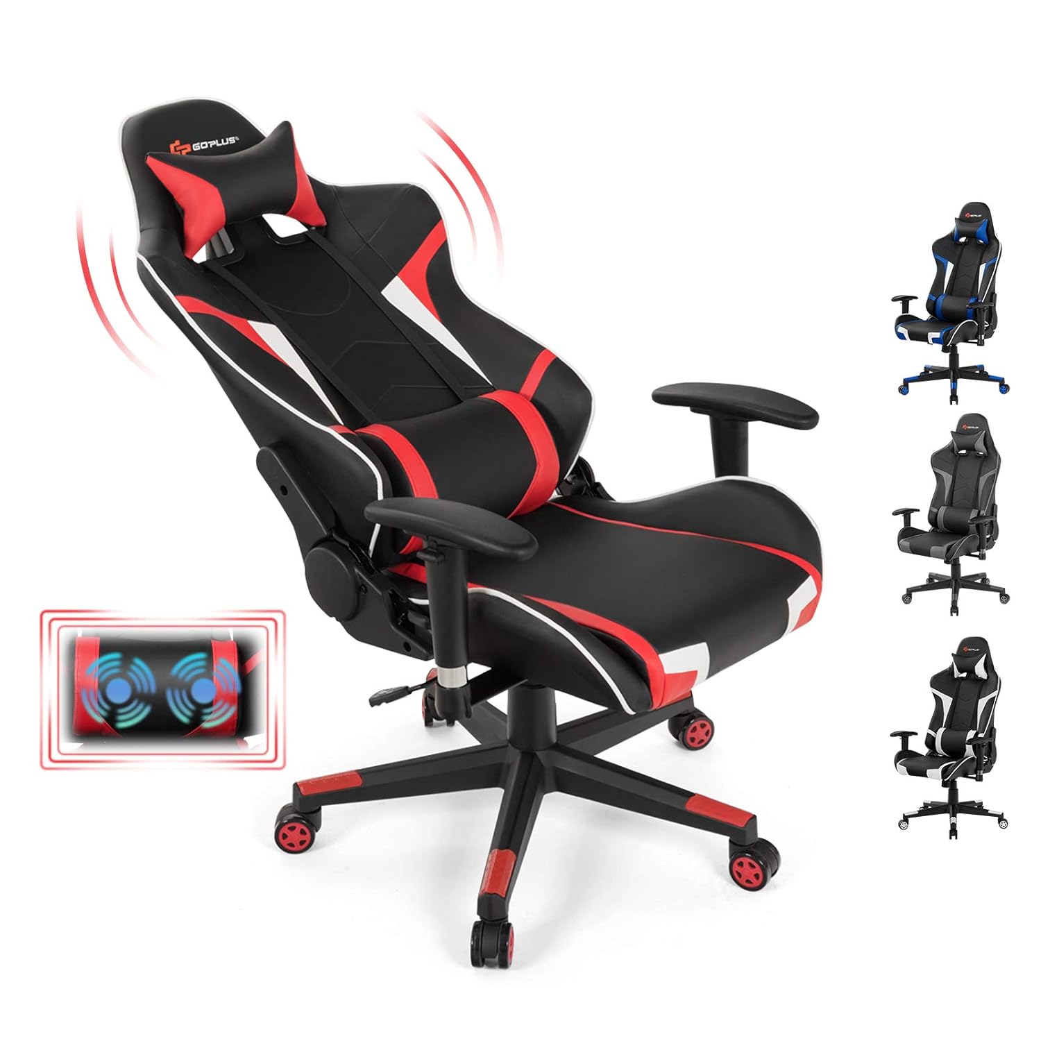 Goplus Gaming Massage Office Chair High Back PU Leather Adjustable Arms Headrest Ergonomic Reclining Racing Chair Rolling Swivel
