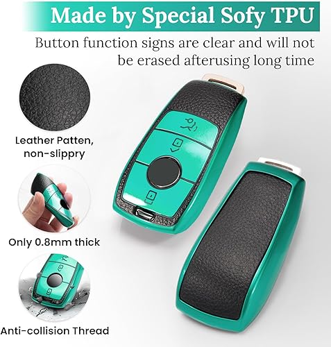 Miniatura 2 de Funda para llavero de Mercedes Benz con llavero de cuero, funda de grano de superficie de TPU suave avanzada para llavero remoto inteligente sin