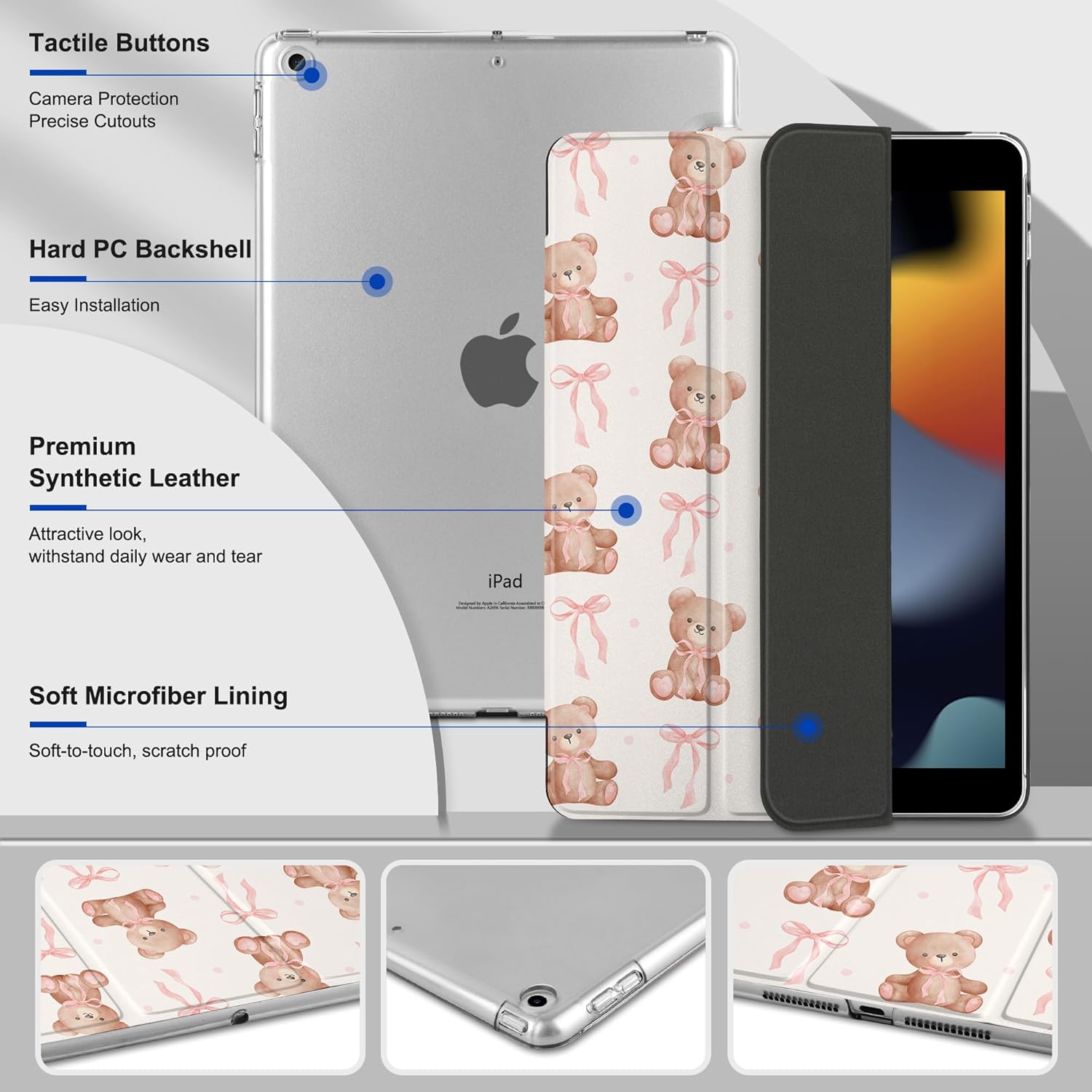 DONGKE Compatible with iPad 10.2 Inch Case 2021 2020 2019, Smart Lightweight Trifold Stand Hard Plastic Transparent Cover Support Auto Sleep/Wake for iPad 10.2" 9th/8th/7th Generation - Bear with Bows