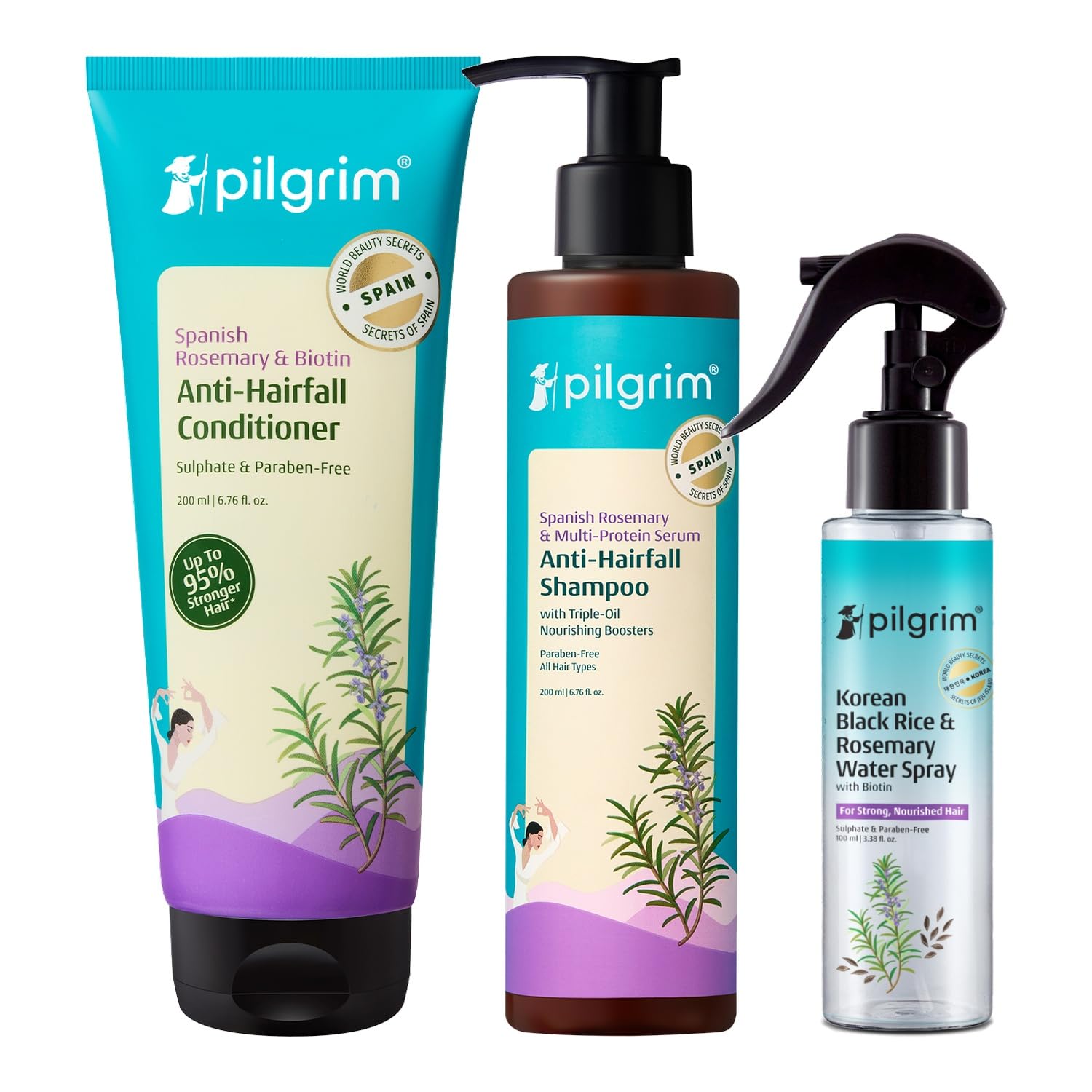 Pilgrim Anti Hairfall Combo – Shampoo 200ml + Conditioner 200ml + Rosemary Water Hair Growth Spray 100ml | With Biotin | Reduces Hair Fall & Breakage | Stronger, Thicker Hair