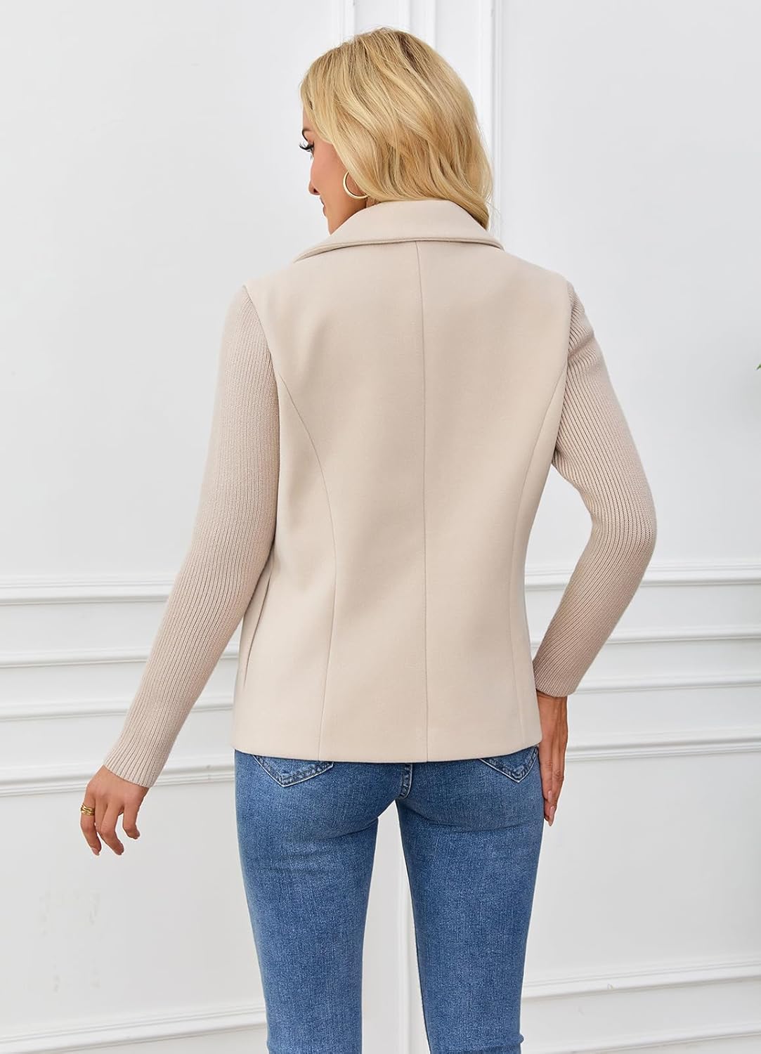 ebossy Women's Double Breasted Wool Pea Coat Notched Lapel Ribbed Knit Long Sleeve Sweater Short Blazer Jacket