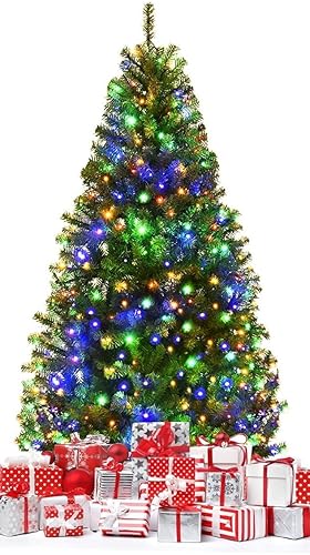 Miniatura 10 de HAPPYGRILL Árbol de Navidad artificial preiluminado de 7 pies, árbol de Navidad nevado con 320 luces LED multicolor, 8 modos de iluminación, 1270