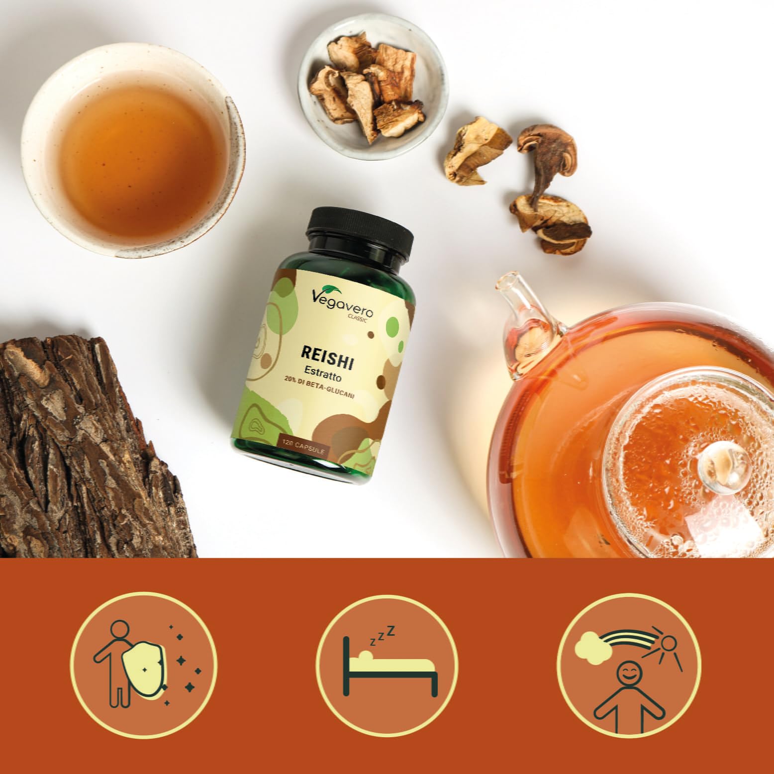 REISHI Vegavero | 27.300 mg (14:1) | con 40% Polisaccaridi + 20% Beta Glucani | Ganoderma Lucidum Puro | Analisi di Laboratorio | 120 capsule | Vegan