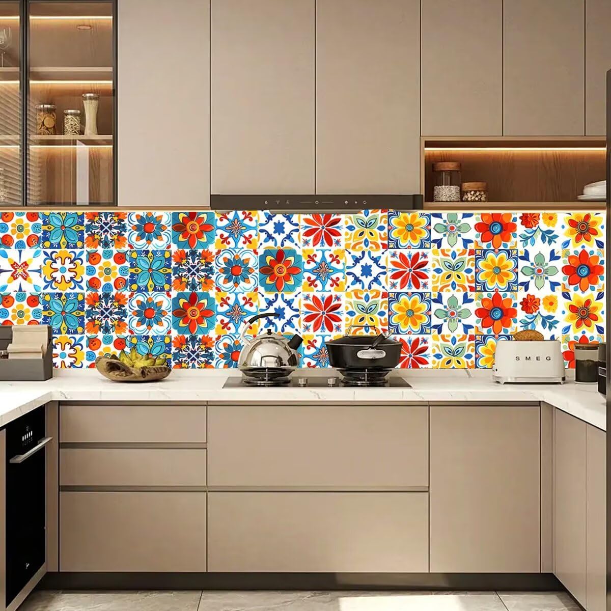 Self-Adhesive Modern Bohemian Wall Decals 16 PCS (6x6 Inch), DIY Peel and Stick Waterproof Vinyl Tile Stickers for Kitchen & Bathroom, Removable Backsplash Murals in Mediterranean Design
