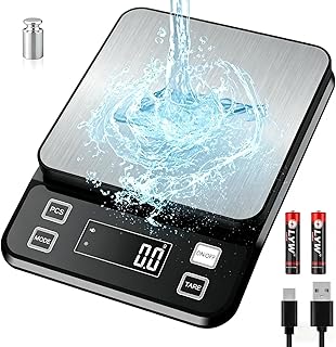 Diyife Wasserdicht IPX67 Küchenwaage 10KG, 0,1g Digitalwaage mit Großer Edelstahl Wiegefläche, Wiederaufladbar Lebensmittelwaage,10 Maßeinheiten, LCD-Display, Tara, Zählfunktion, Briefwaage Schwarz