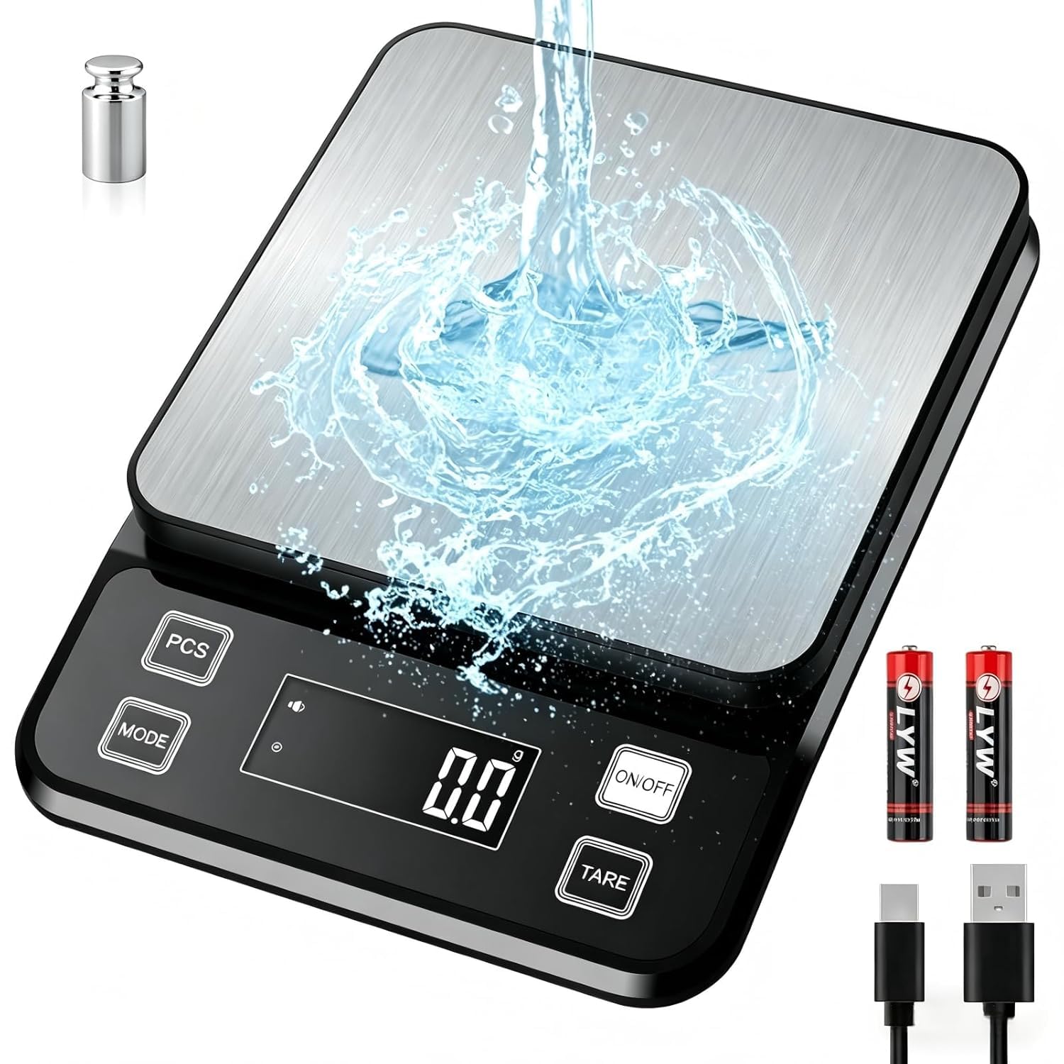 Diyife Wasserdicht IPX67 Küchenwaage 10KG, 0,1g Digitalwaage mit Großer Edelstahl Wiegefläche, Wiederaufladbar Lebensmittelwaage,10 Maßeinheiten, LCD-Display, Tara, Zählfunktion, Briefwaage Schwarz