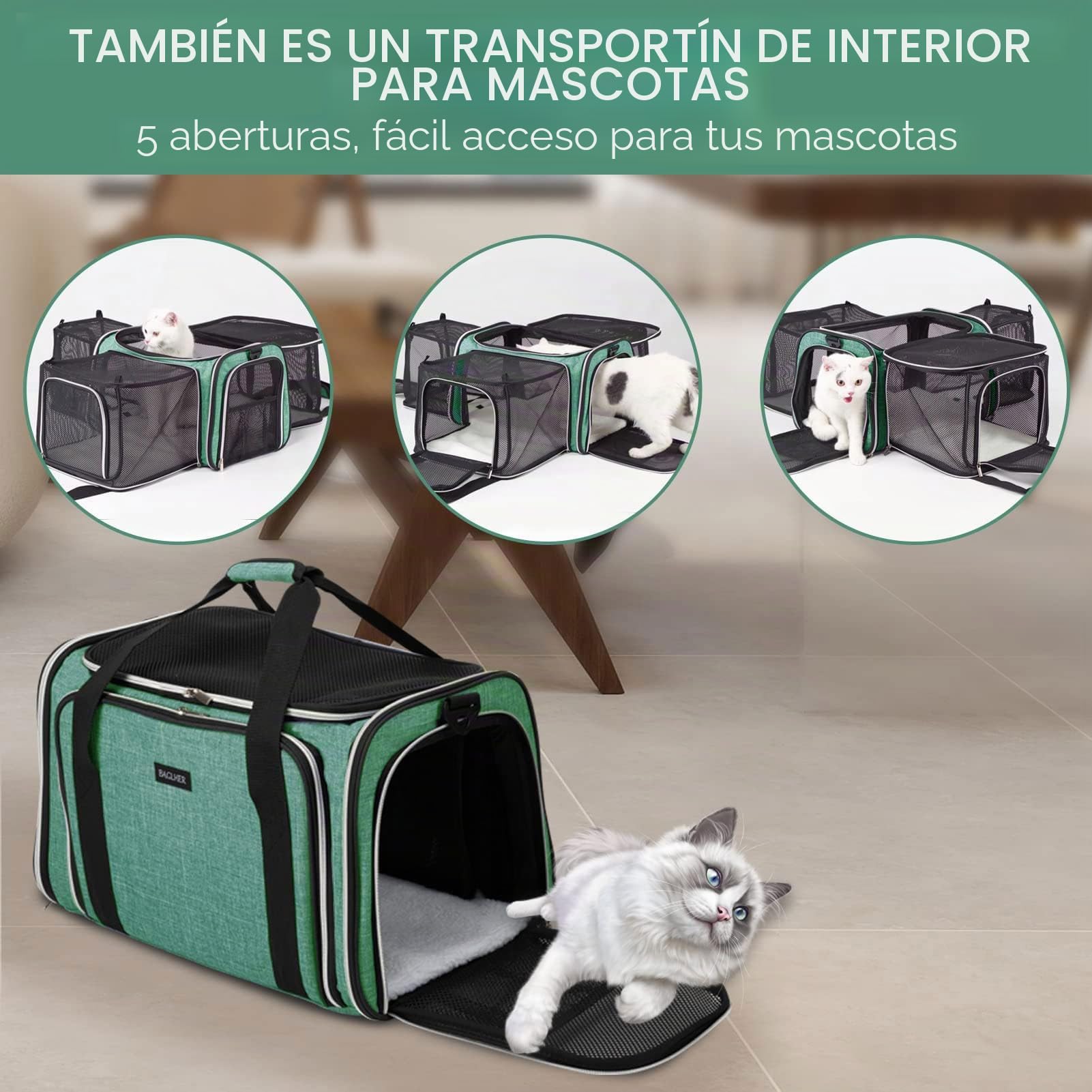 BAGLHER Bolsa transportadora para Gatos, aprobada por aerolíneas, transportador de Mascotas de Lado Suave, 5 Lados, Puertas Abiertas, 3 Lados, expandible, Plegable, con Almohadilla de Forro Polar