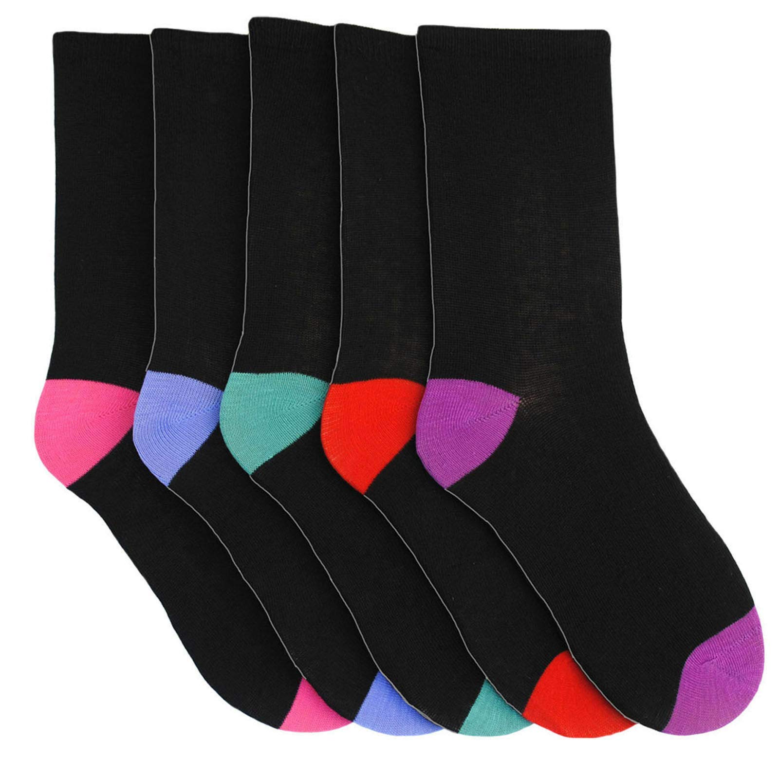 QZ FASHION Ladies 5 Pairs Cotton Rich Socks Black with Multicoloured Heels & Toes uk 4-7