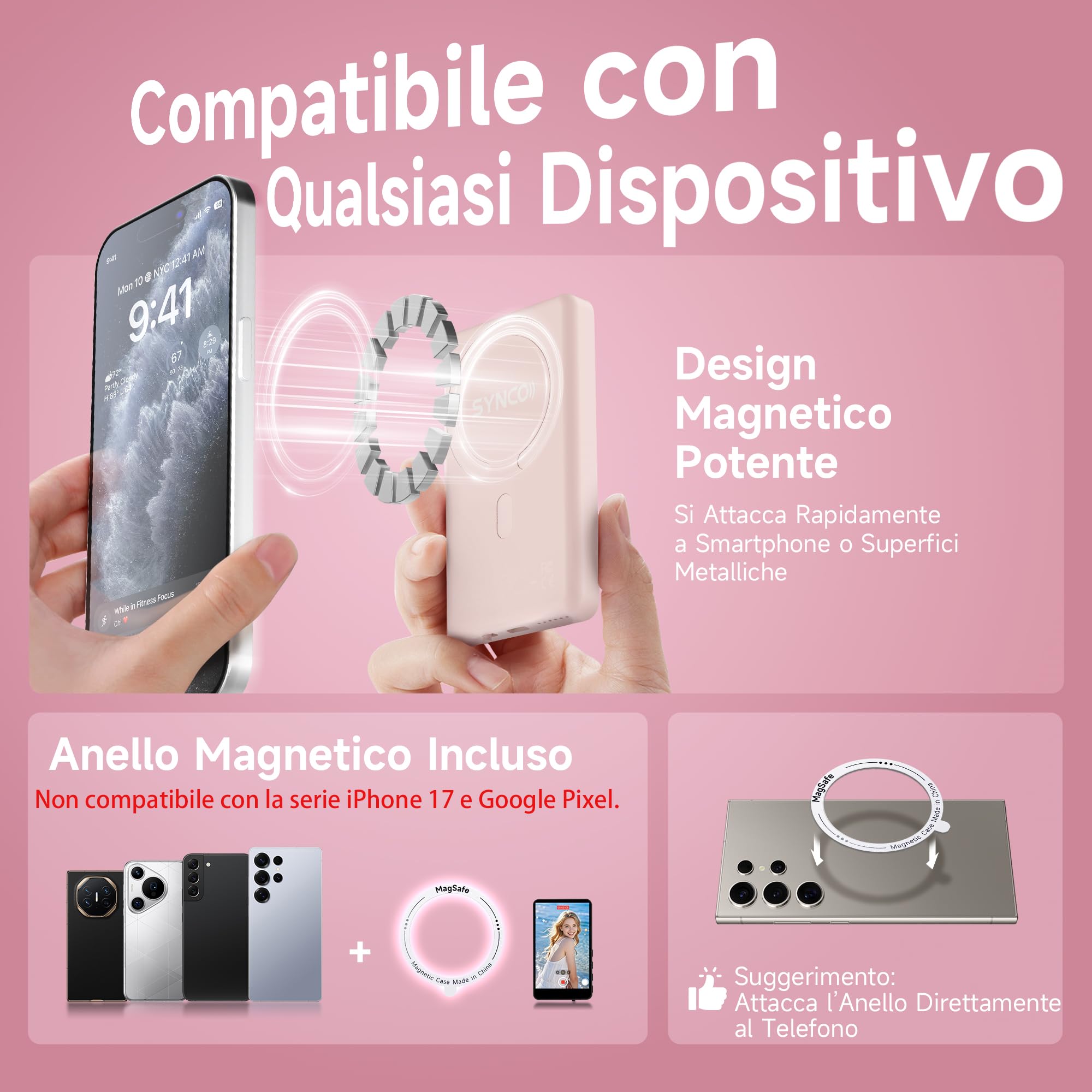SYNCO XView Vlog Selfie Monitor Schermo 4K per iPhone e Android, Wireless Magnetico Telecamera Posteriore Phone Monitor con Gamma 164FT, Batteria 3H, Altoparlante Integrato per Youtube TikTok (Rosa)