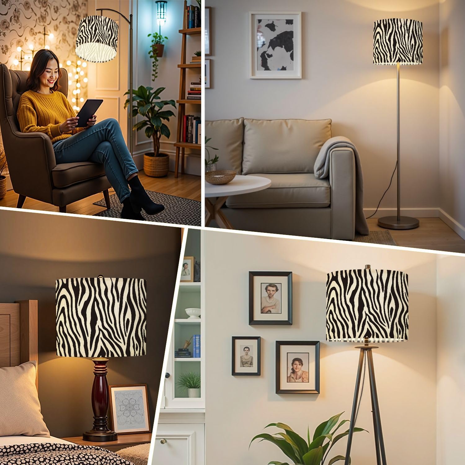 Boho Drum Lamp Shade Set of 2-11" x 11" x 8.9" Full Seamless Zebra Tiger Stripes Animal Skin Pattern Black White Replacement Natural Linen Lampshades for Table Lamps, Floor Lamps Easy Assembly