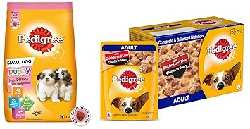 Pedigree Puppy Small Dog Dry Food, Lamb & Milk Flavour ? 3 Kg Pack & Pedigree Adult Wet Dog Food, Chicken & Liver Chunks in Gravy, 70 g (Pack of 15)