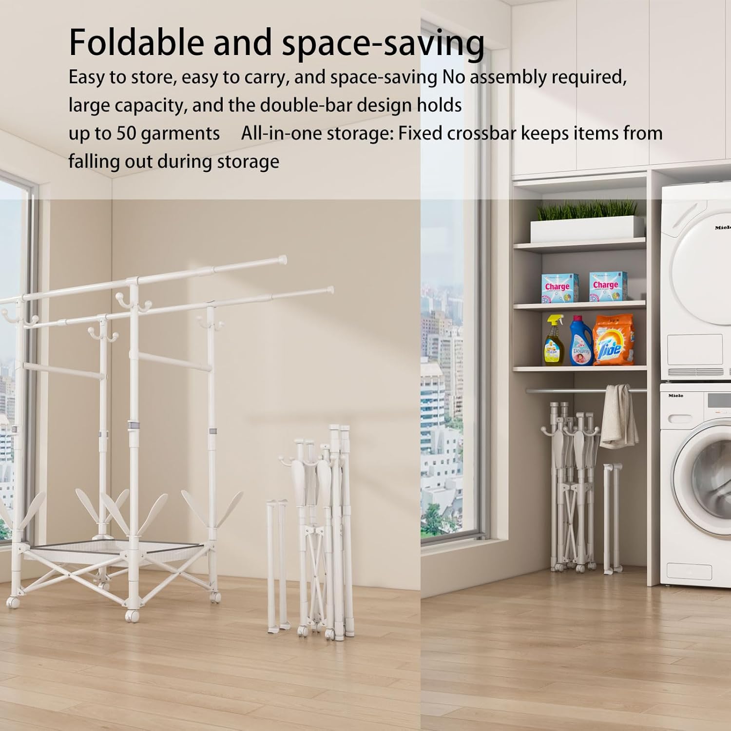 Portable Foldable Clothes Drying Rack - Adjustable Double Extendable Rods (33.1” to 56.7”) - Easy No-Assembly Space-Saving Design with Free-Standing Wheels -Suitable for multiple scenarios (White)