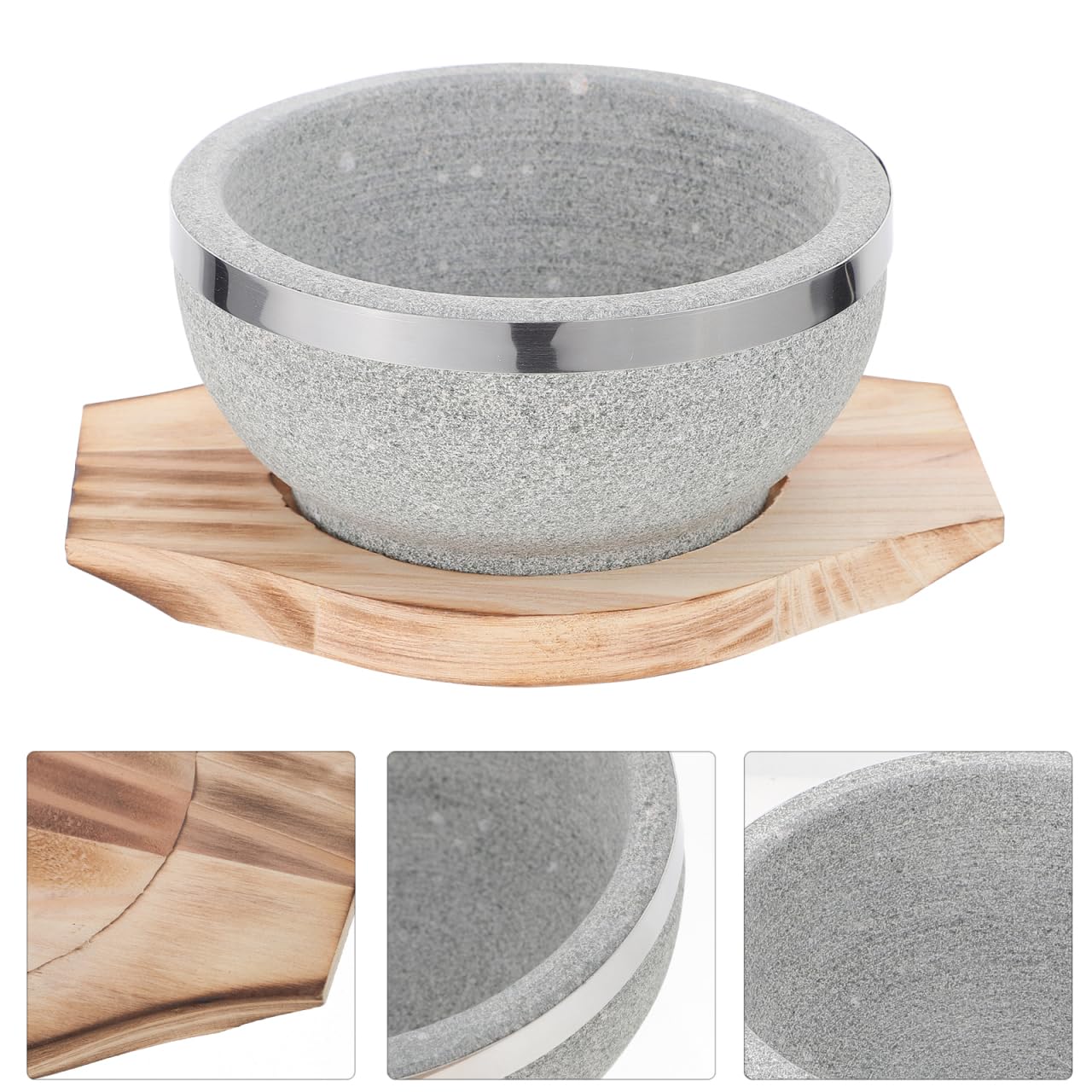 STOBAZA Tazón de piedra coreano con bandeja de madera 7.09X5.51X2.56 pulgadas para sopa Bibimbap plato de piedra de arroz para mantener caliente y servir en la cocina
