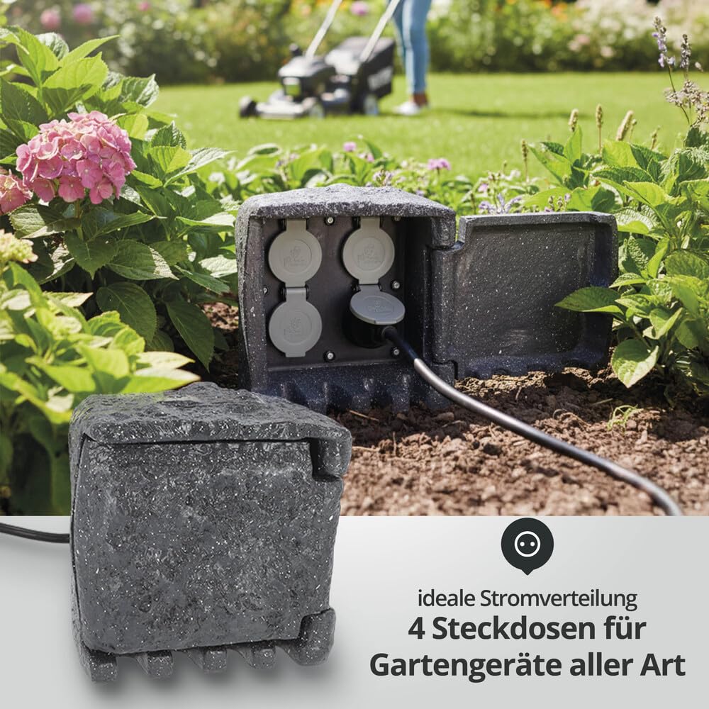LED Universum - Gartensteckdose Steinoptik grau 3m Zuleitung 3680W max. Gesamtleistung aus witterungsfestem Kundstoff IP44 - Energiestation Energeistein Außensteckdose 20 x 20 x 20cm