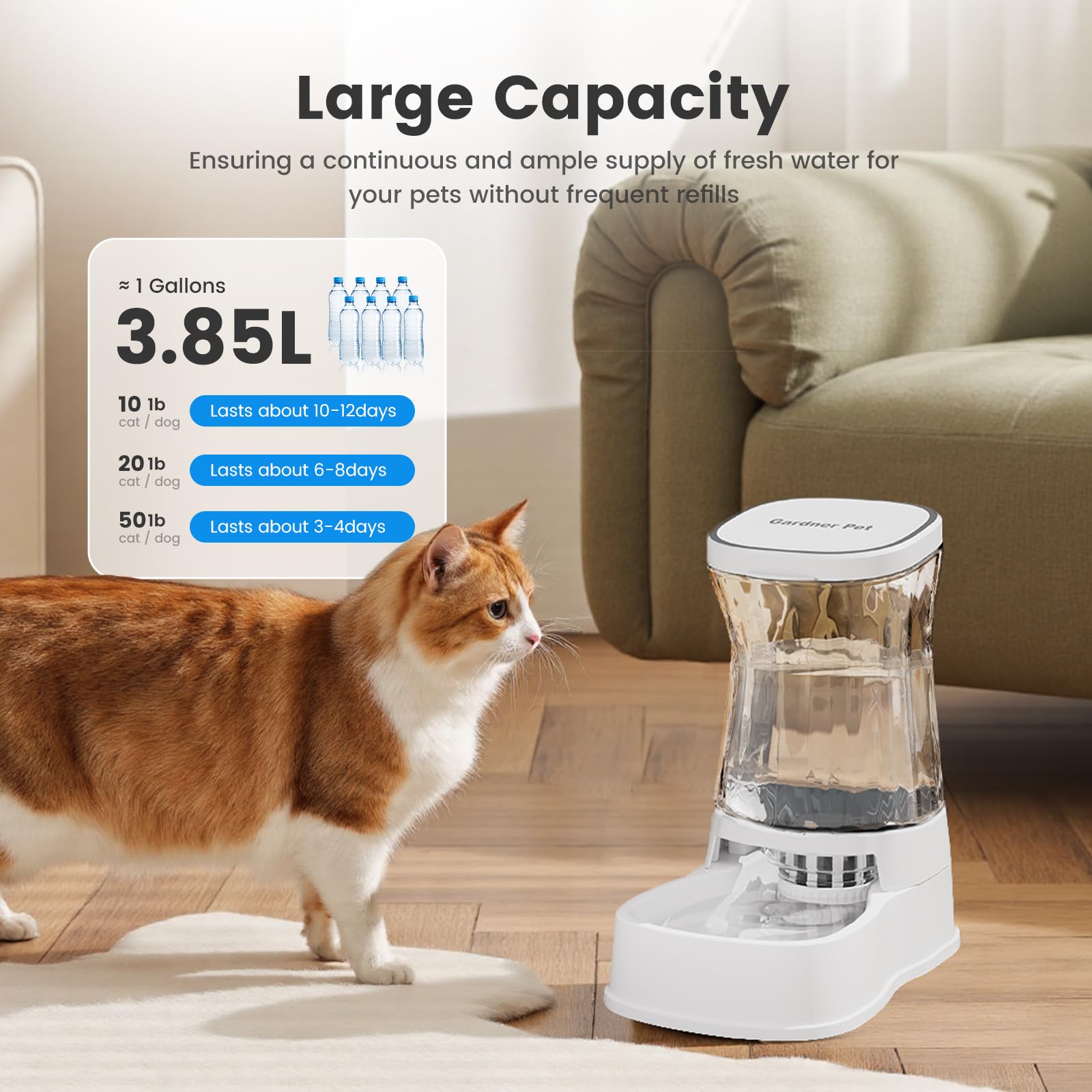 Gardner Pet 3.85L Dispenser Acqua Gatti, Dispenser Acqua Cani con Ciotola in Plastica, GravitÀ Abbeveratoio per Cani Non è Richiesta ElettricitÀ, Senza BPA, Bianco