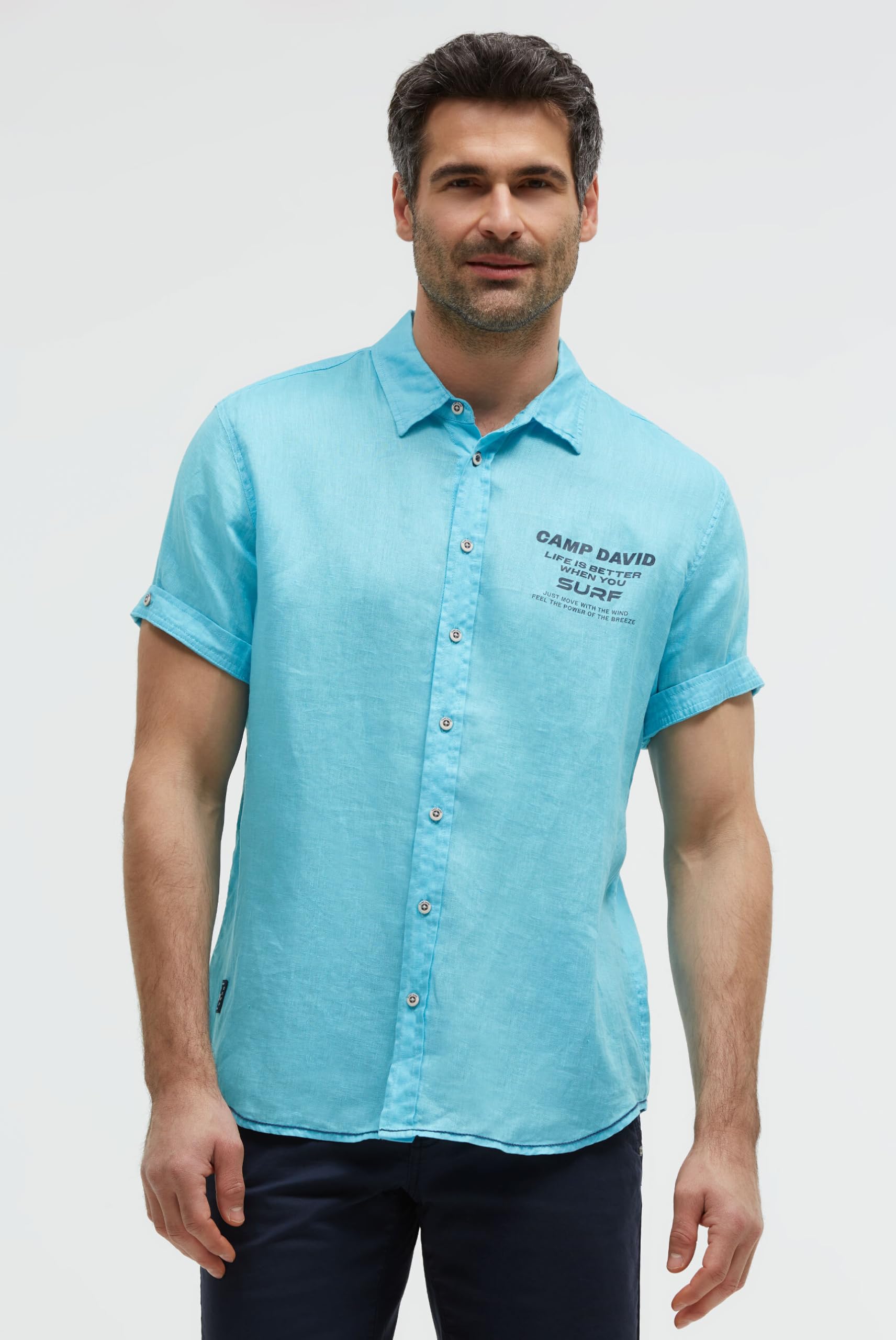 Camp David Herren Leinenhemd Kurzarm, Sommerhemd im Regular Fit mit Kentkragen und Logo Prints
