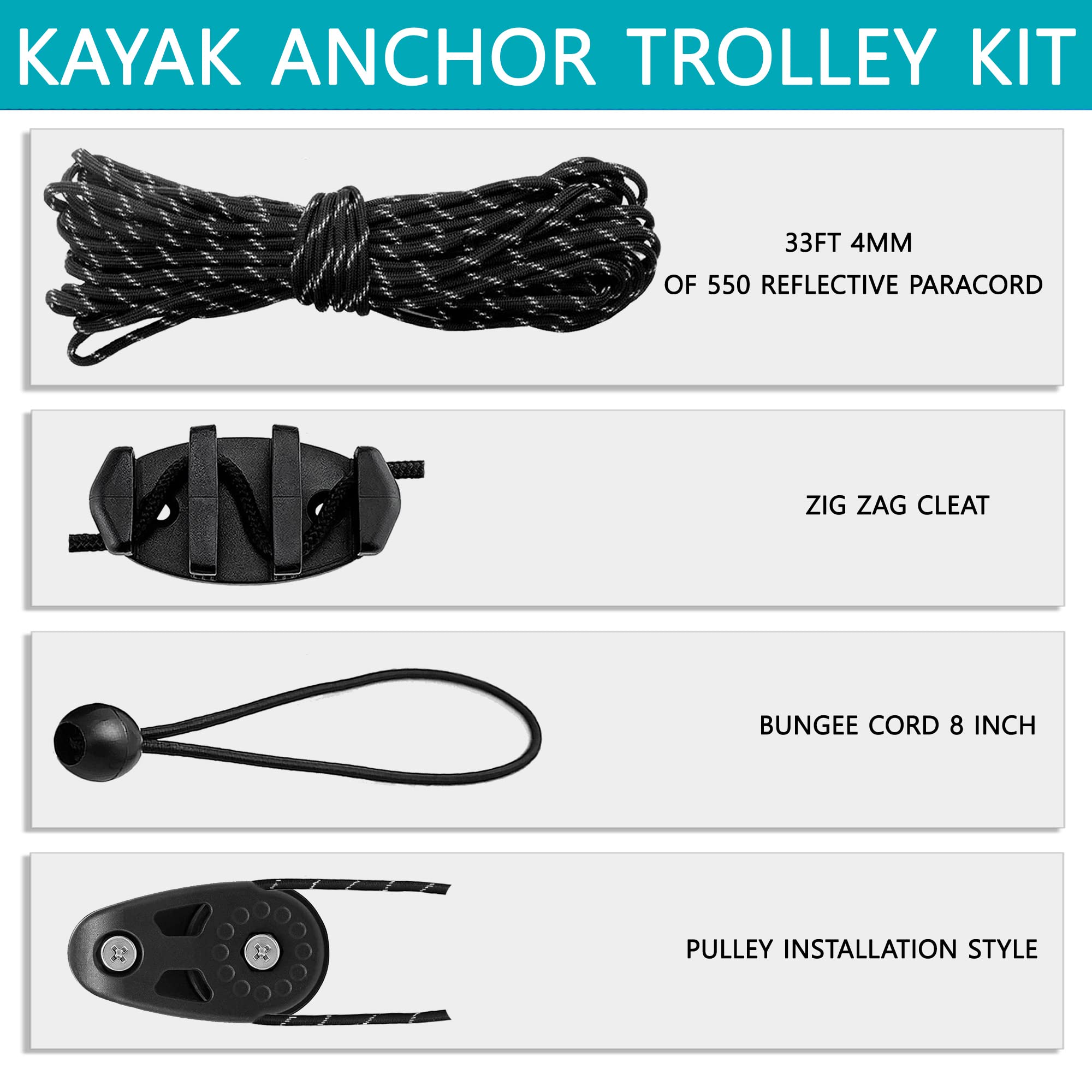 Kayak Anchor Trolley System Kit - Includes Pulleys, Cleats, Pad Eyes, Ring & 30ft Rope For Easy Positioning
