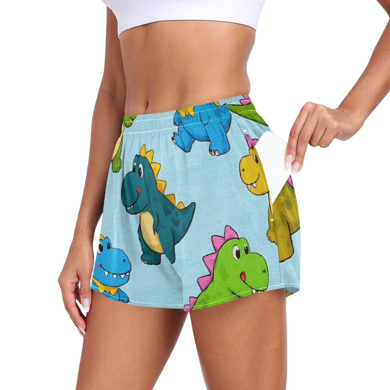 EtherSpher Cartoon Animal Dinosaur Colorful Women's Athletic Shorts with Pockets Girls Training Shorts for Biking Surfing Vacation Swim Party pantalonetas para Mujeres L