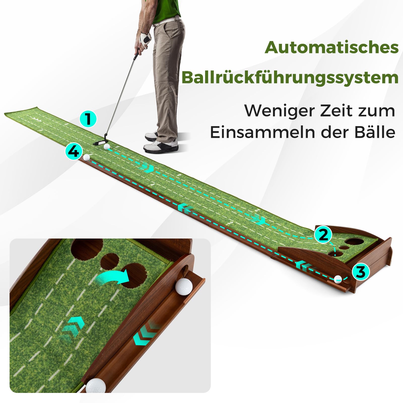 COSTWAY Golf Puttingmatte, Golfmatte mit 1/2/3 Löchern, Auto Rückkehr Übungsmatte mit 3 Golfbällen & Kunstrasen, Putting Trainer Indoor Outdoor für Anfänger, Profis (3 Löcher)