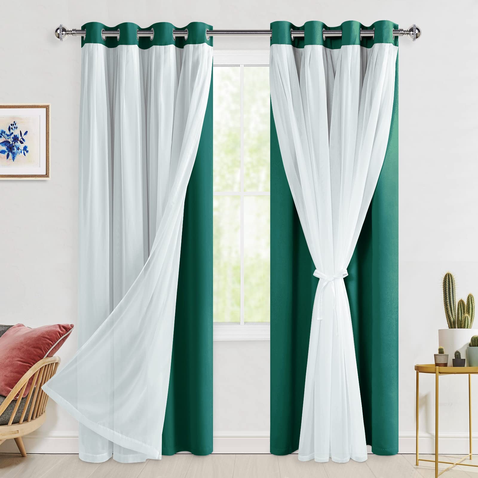 Hiasan Blackout Curtains with Sheer Overlay, Thermal Insulated Privacy Double Layer Mix & Match Grommet Window Curtains for Christmas,Living Room, 2