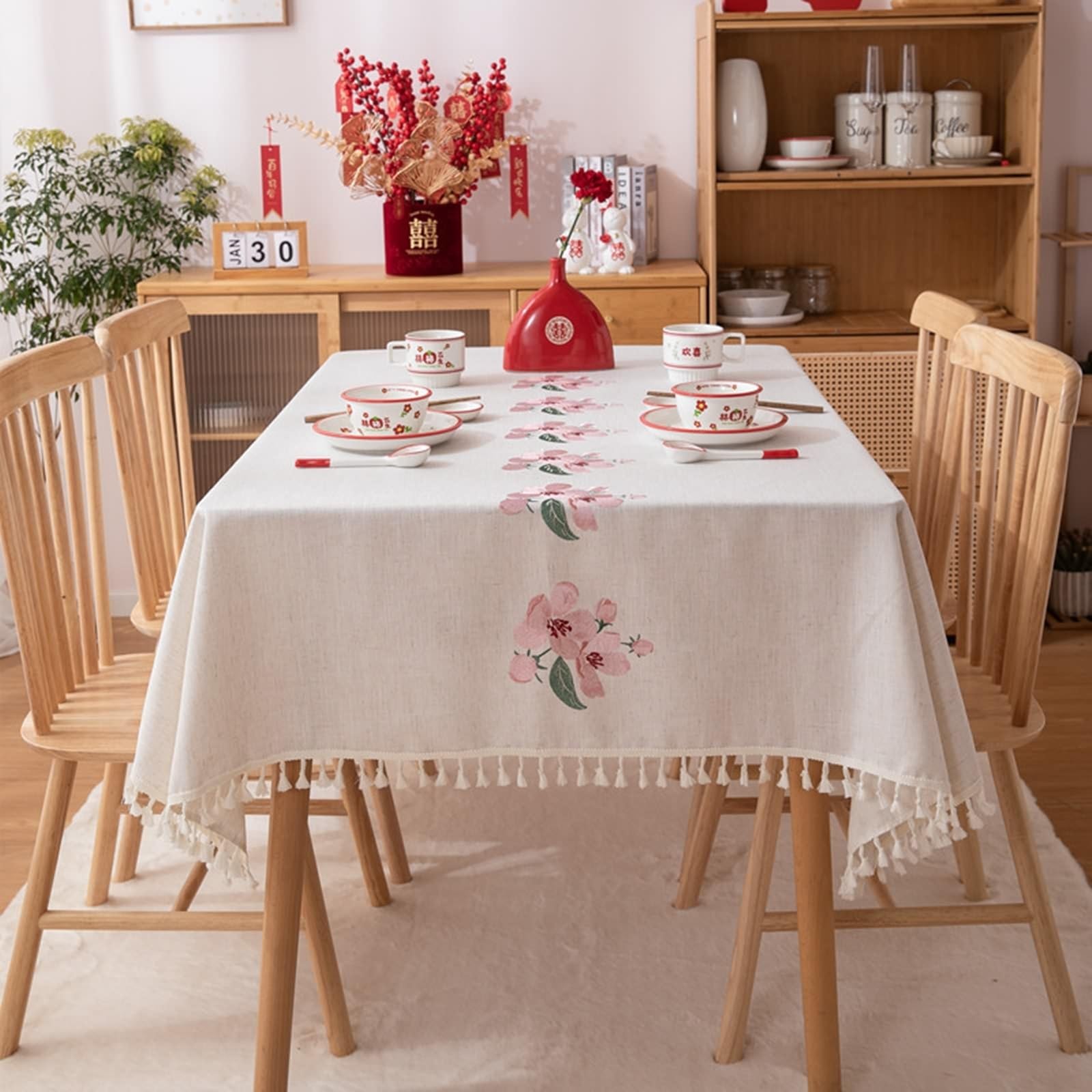 Mantel Mesa Rectangular Antimanchas, 140 x 200 cm, Beige Rosa, Mantel de Poliéster Flor con Borla