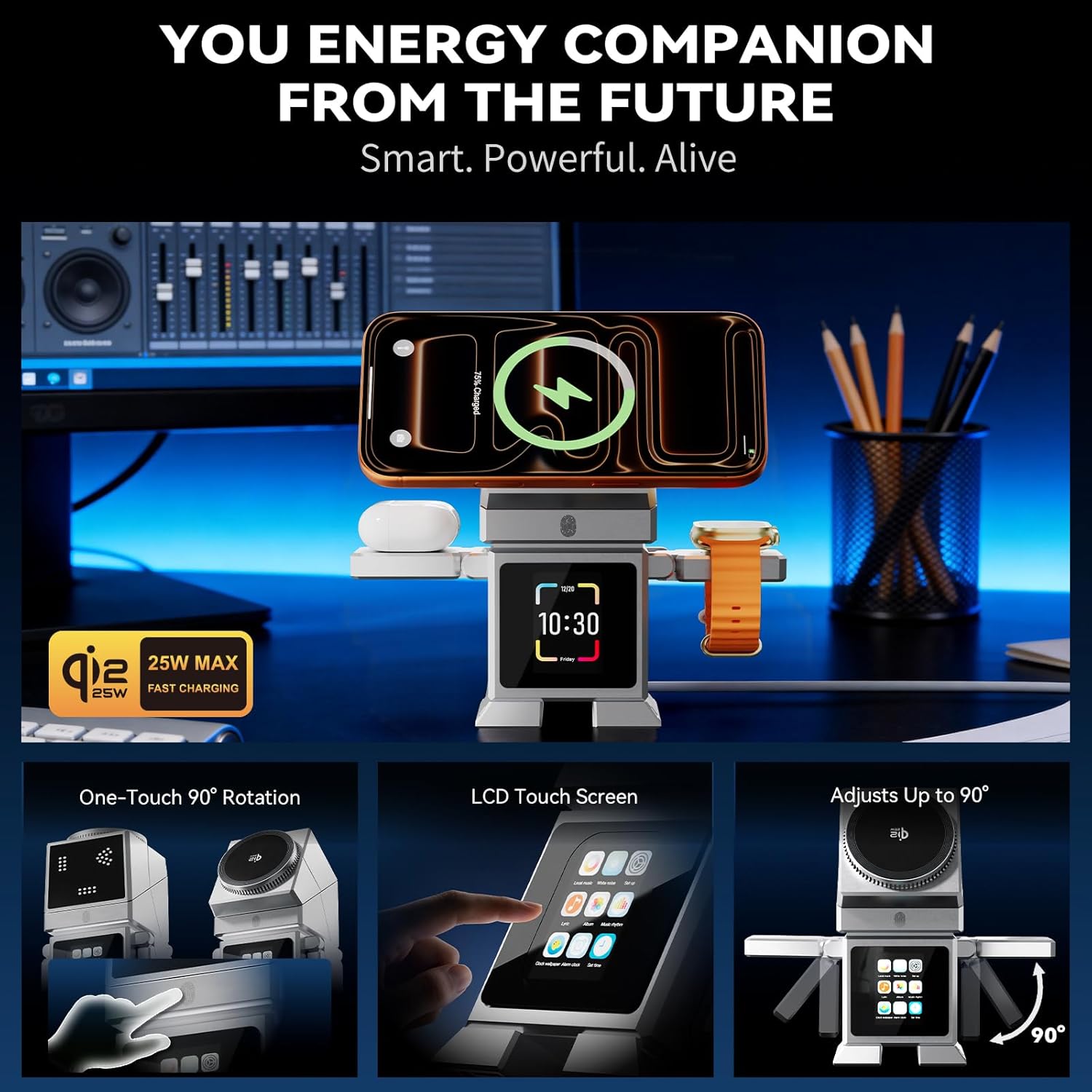 Qi2 Certified 3-in-1 Robotic Rotating Wireless Charging Station, 25W Magnetic Fast Charging Stand with LCD Touch Screen, Bluetooth Speaker, Alarm Clock for iPhone, iWatch, AirPods, 45W Adapter, Silver