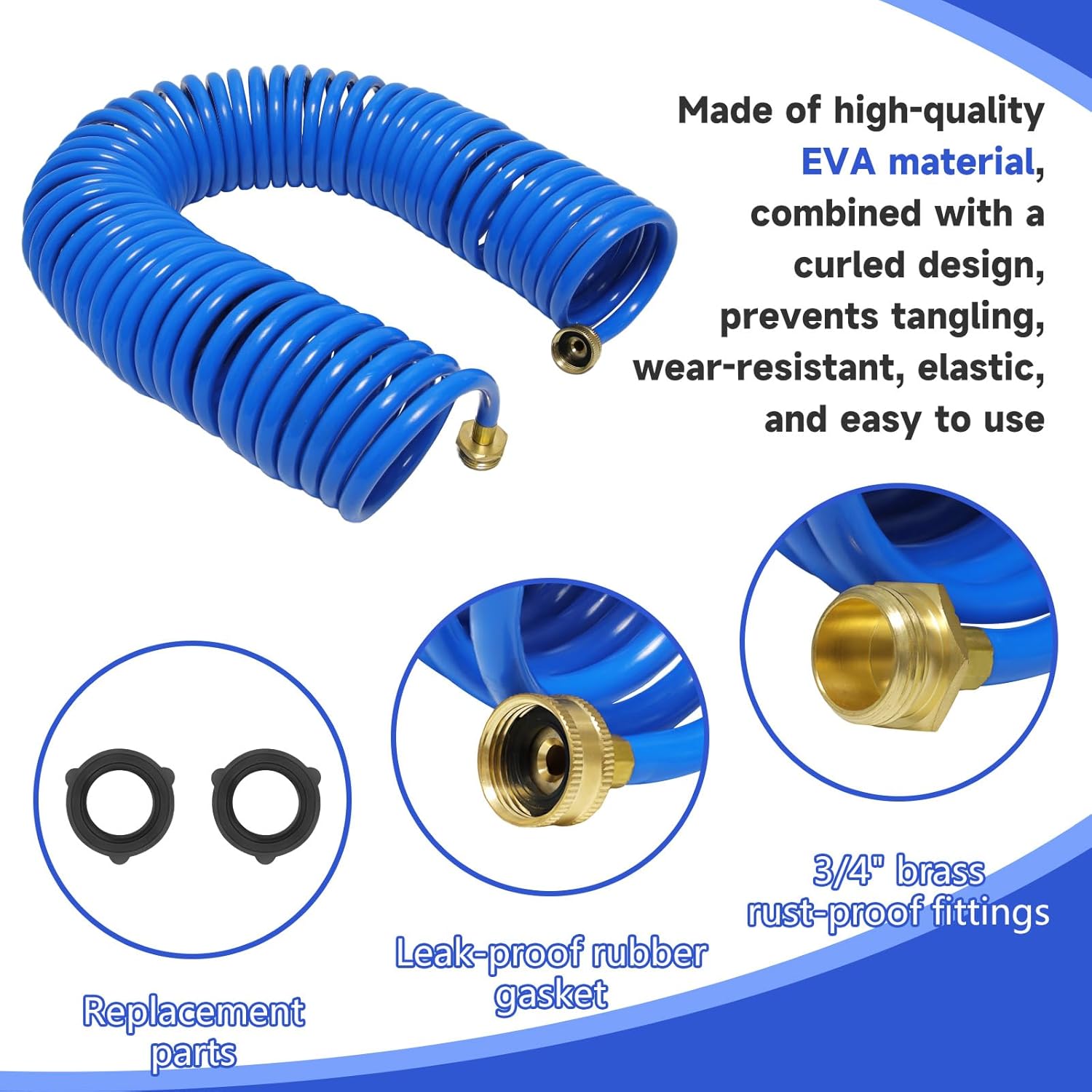 Coil Hose,3/8" EVA Coil Garden Hose 25 FT,Curly Water Hose Lightweight with Brass Connectors,Recoil Garden Hose Includes 8-Pattern Spray Nozzle for Boat, Yard, Patio