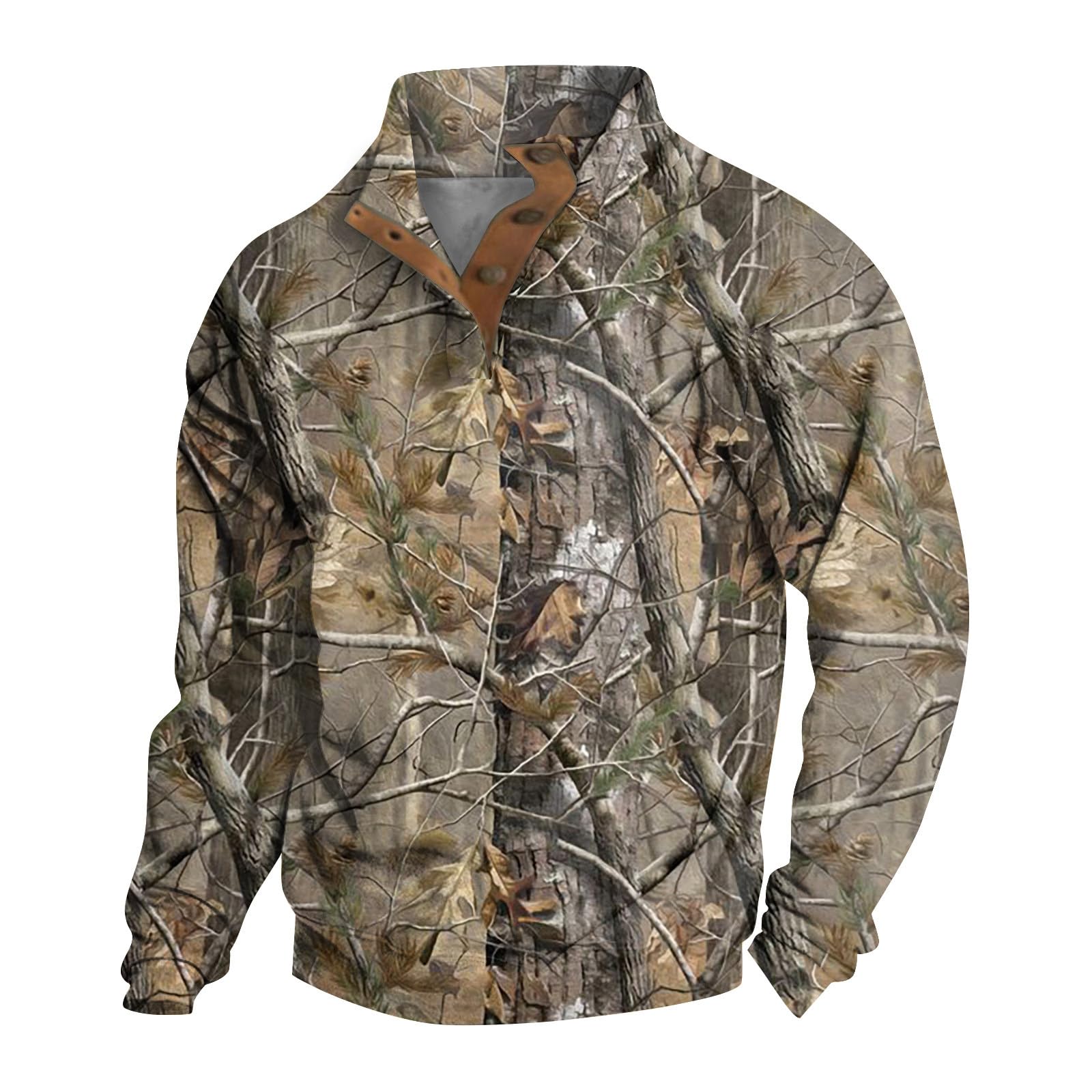 Men's Camo Sweatshirt Hunting Performance Pullover Stand Collar Buckle Camouflage Training Clothes Outdoor Sportswear