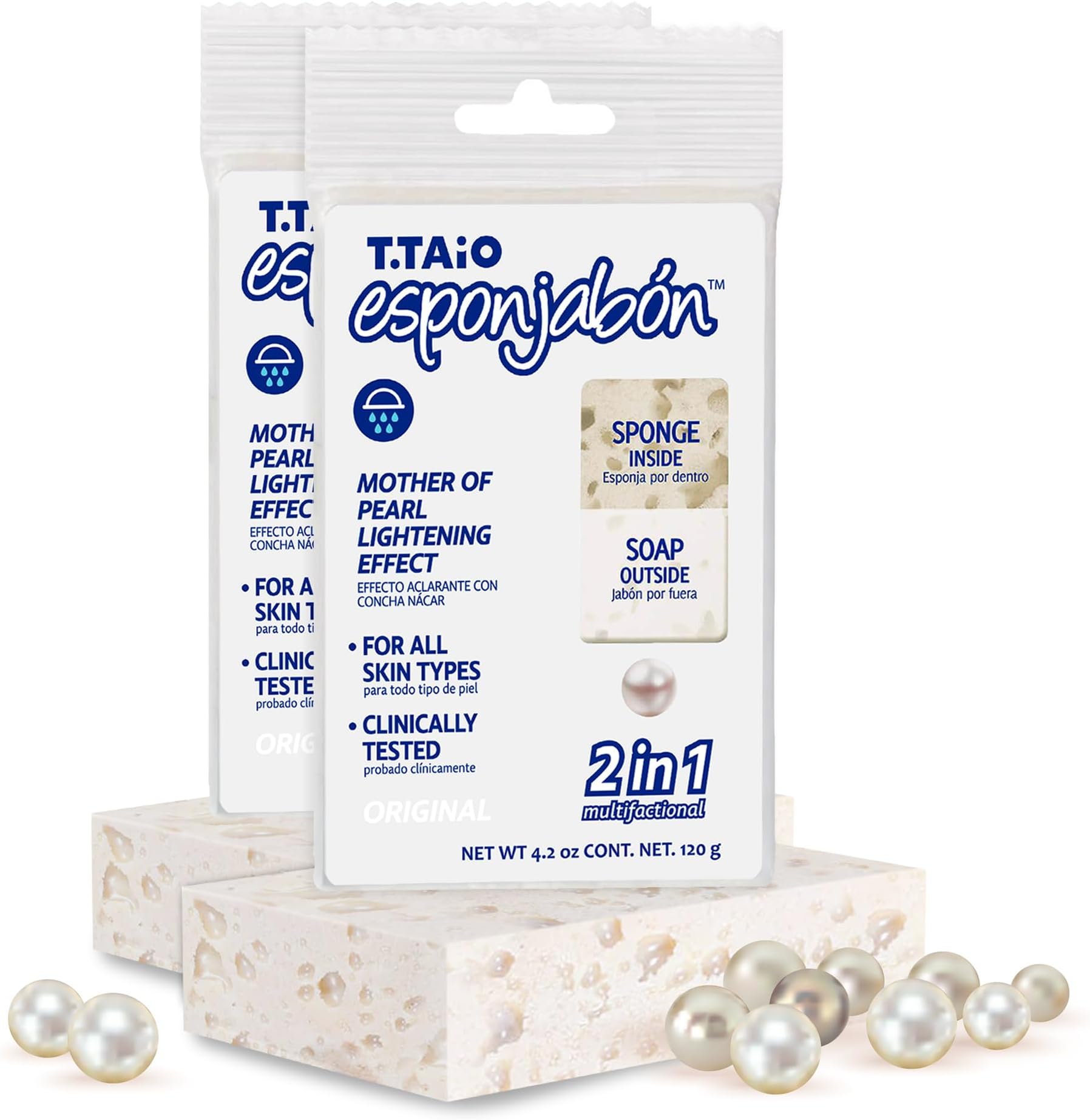 T.Taio Esponjabon Mother of Pearl Soap Sponge - Cleansing Shower Scrubber - Cleaning Bath Wash Scrub - Oil Removal - Massage & Lather Foot, Elbow, & Face - Bathroom Accessories (2-Pack)