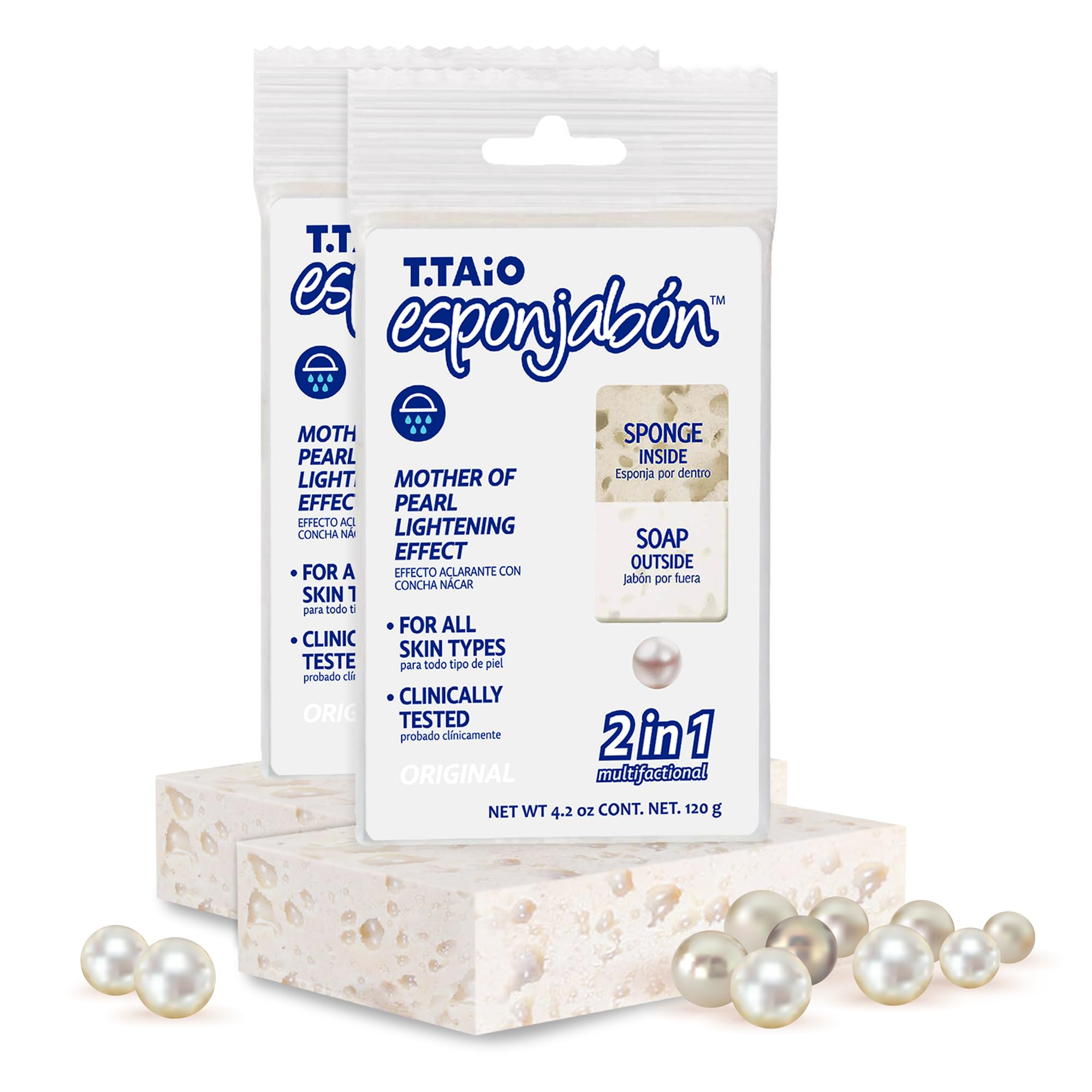 T.Taio Esponjabon Mother of Pearl Soap Sponge - Cleansing Shower Scrubber - Cleaning Bath Wash Scrub - Oil Removal - Massage & Lather Foot, Elbow, & Face - Bathroom Accessories (2-Pack)