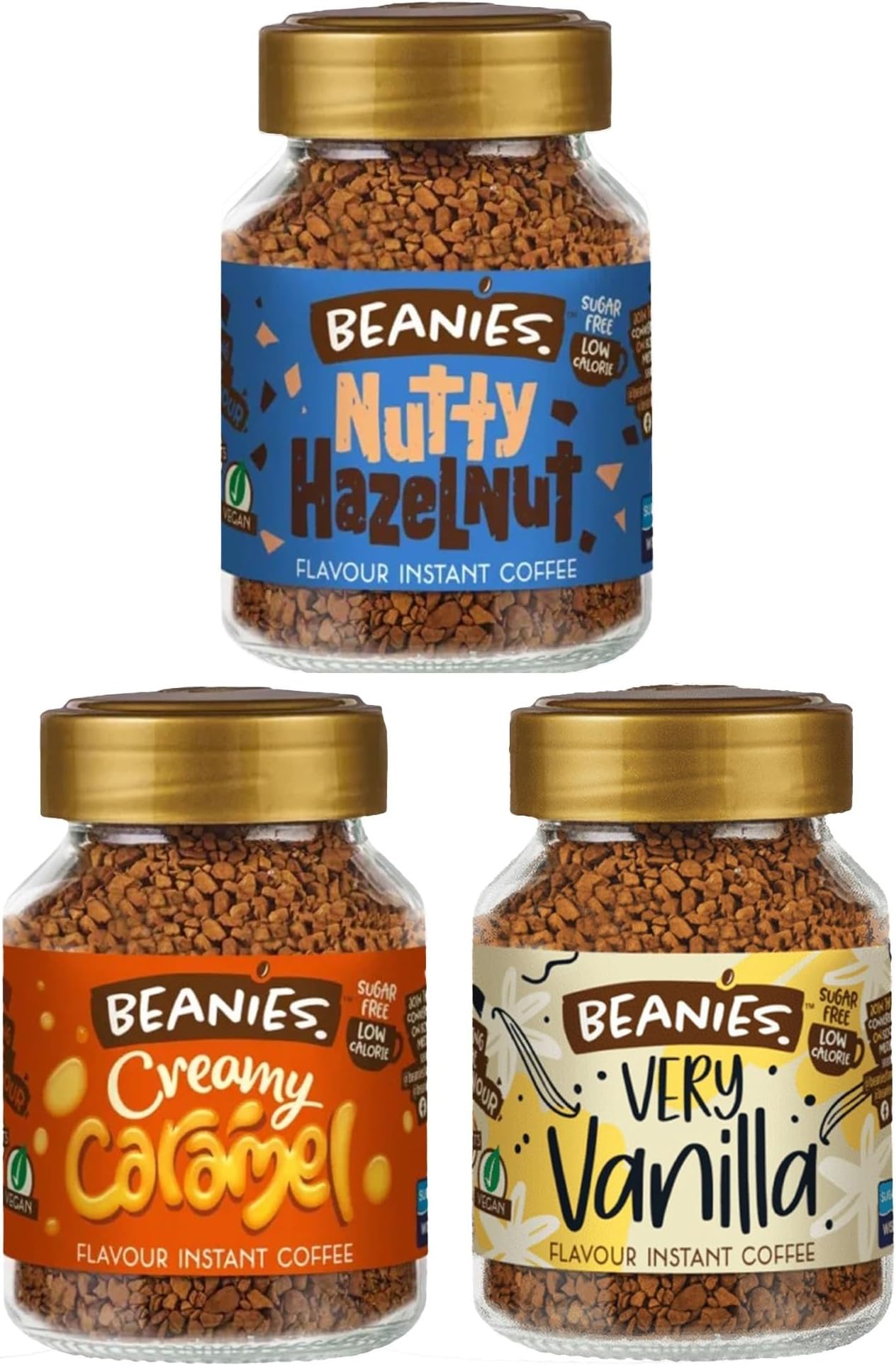 Beanies Flavoured Instant Coffee Variety Pack - 3 x 50g jars - Creamy Caramel, Nutty Hazelnut and Very Vanilla