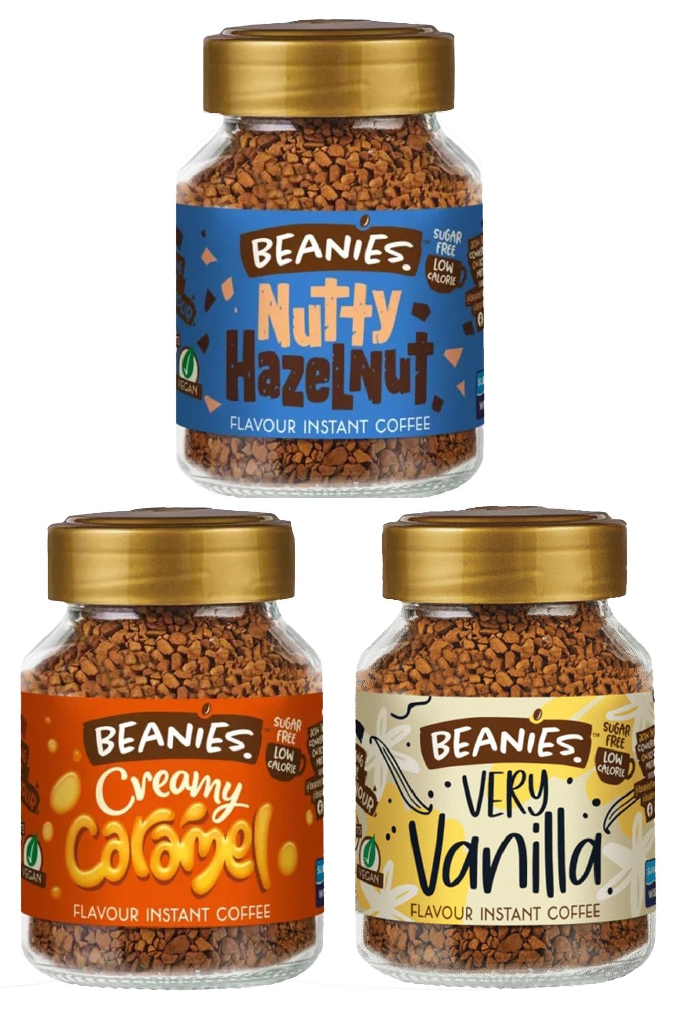 Beanies Flavoured Instant Coffee Variety Pack - 3 x 50g jars - Creamy Caramel, Nutty Hazelnut and Very Vanilla