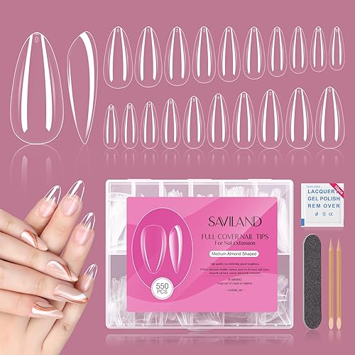 Saviland Kit de puntas de uñas de gel suave de cobertura completa 550 piezas de uñas de gel postizas transparentes en forma de almendra extensión de