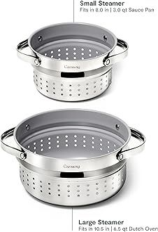 Caraway Small & Large Steamer Set – Made with Handles - Non Stick, Non Toxic Coating - Steam Veggies, Seafood, and More - Compatible With Our Dutch Oven or Sauce Pan – 3qt & 6.5qt - Stainless Steel