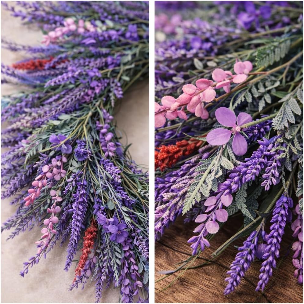 22'' Lavender Front Door Wreath with Hook, Large Purple Spring Summer Floral Wreath, Weather Resistant Artificial Farmhouse Porch Wall Fireplace Decor