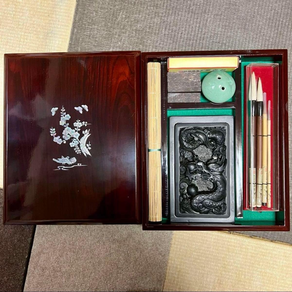 中国 書道具 成甫堂 青磁 上海 書道筆 中国筆 龍彫刻硯 水差し