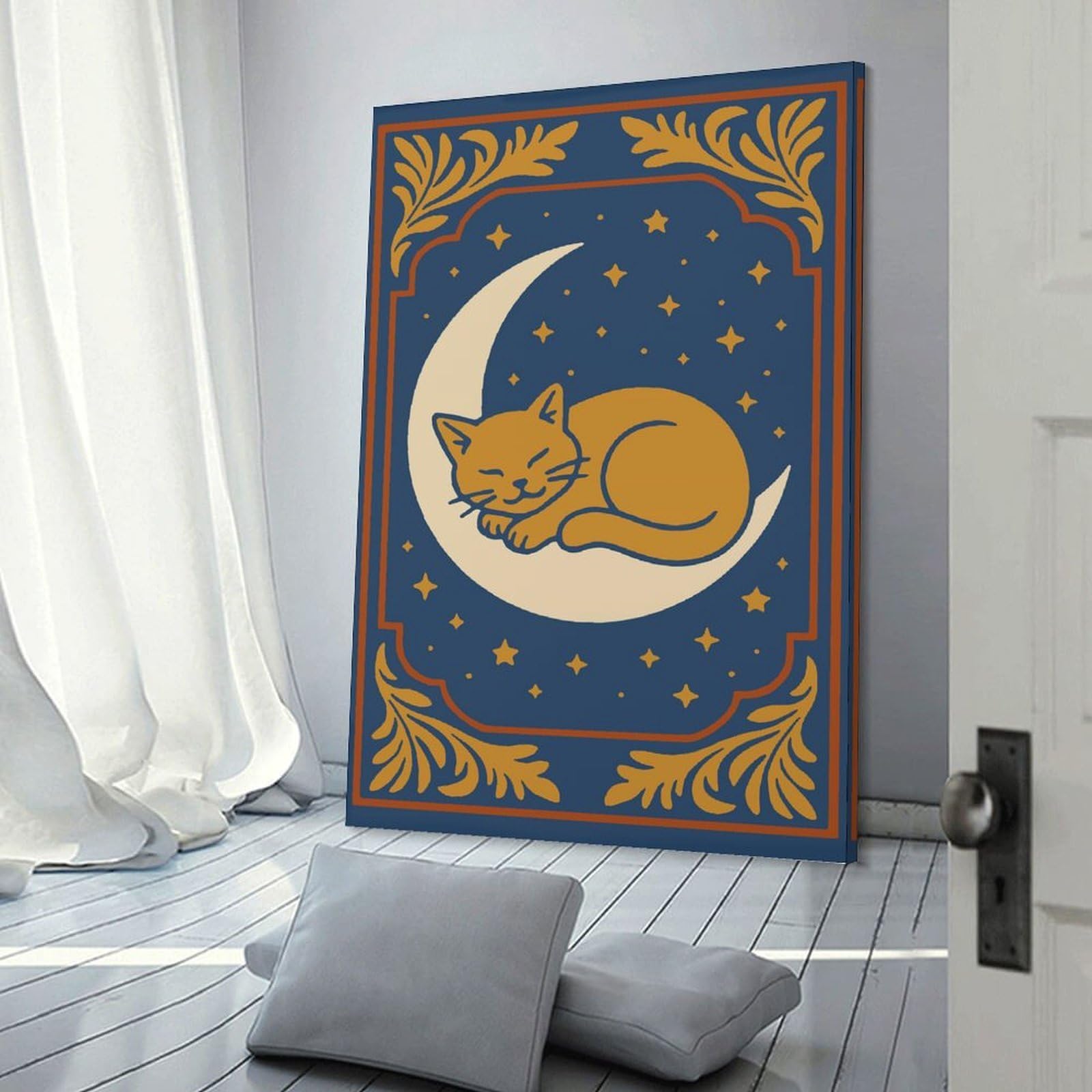 Junmoney Sleeping Cat on Moon Art Canvas Wall Decor, 24x36inch(60x90cm), for New Homes, Bedrooms Or Workspaces, Gift Idea for Housewarming And Birthdays