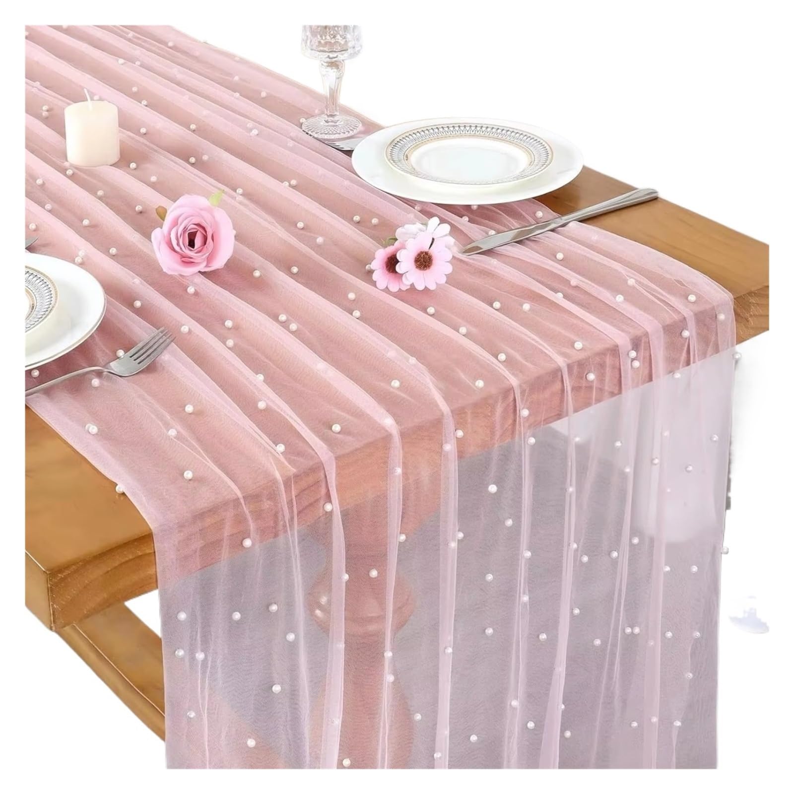 Chiffon Table Runner 75*300CM Wedding Peral Tulle Table Runner 10FT Sheer Voile Dining Decoration(Pink)