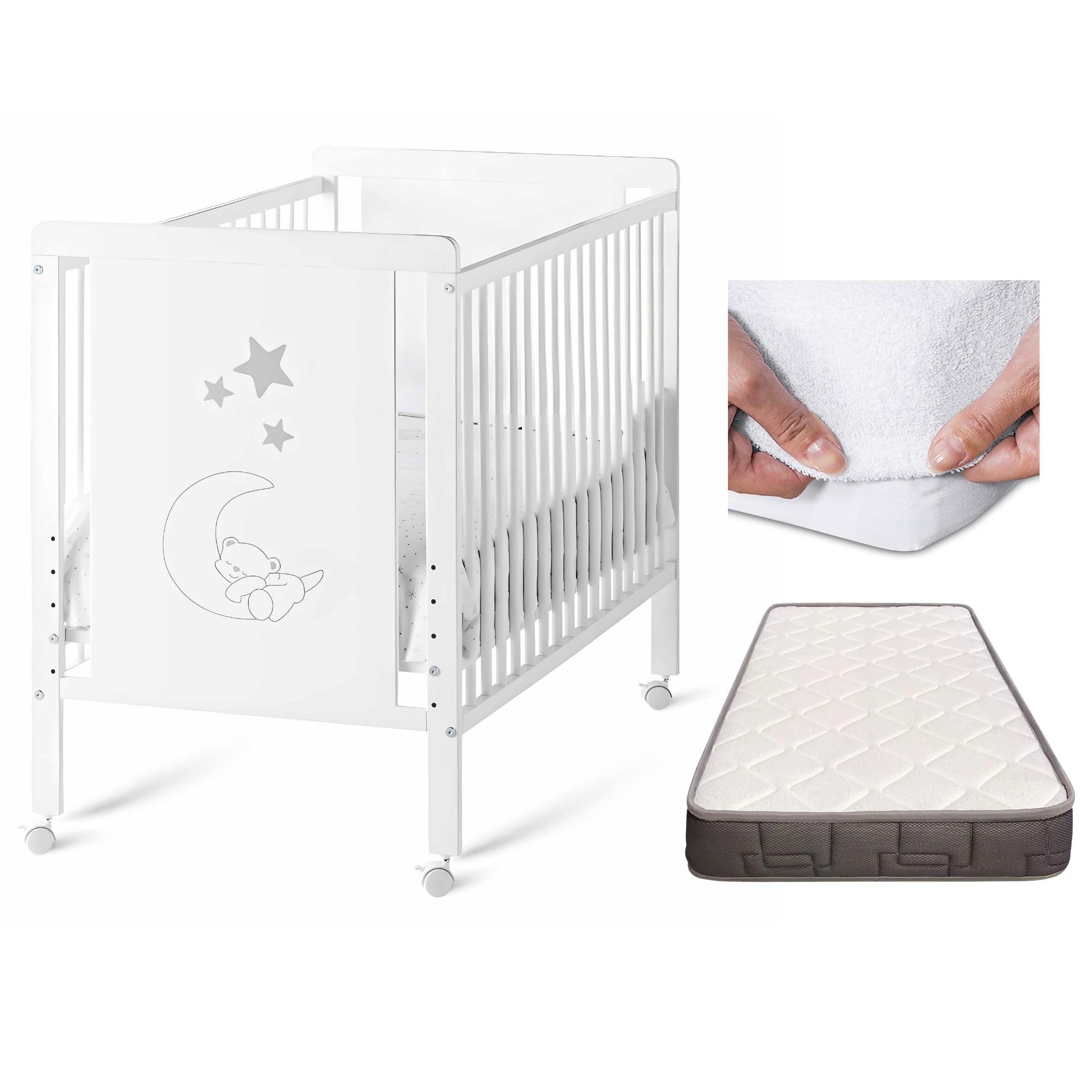Lit bébé Indi avec Matelas Morfeo, Blanc et Bois de hêtre + protège-Matelas CoolDreams