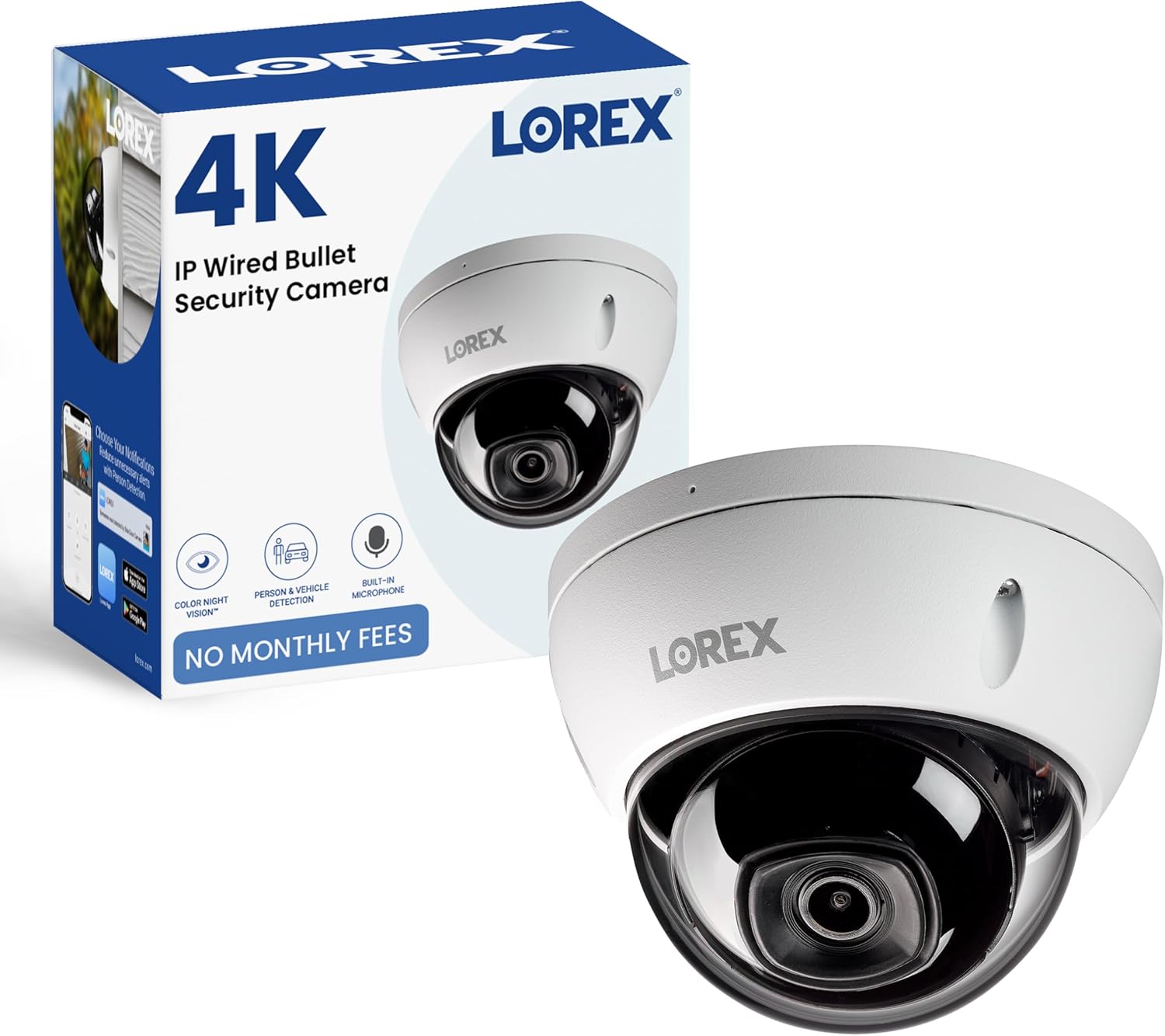 Lorex 4K IP Wired Dome Security Camera | Listen-in Audio | IK10 Vandal Proof Rating | Person and Vehicle Detection | Color Night Vision | IP67 Weatherproof | White