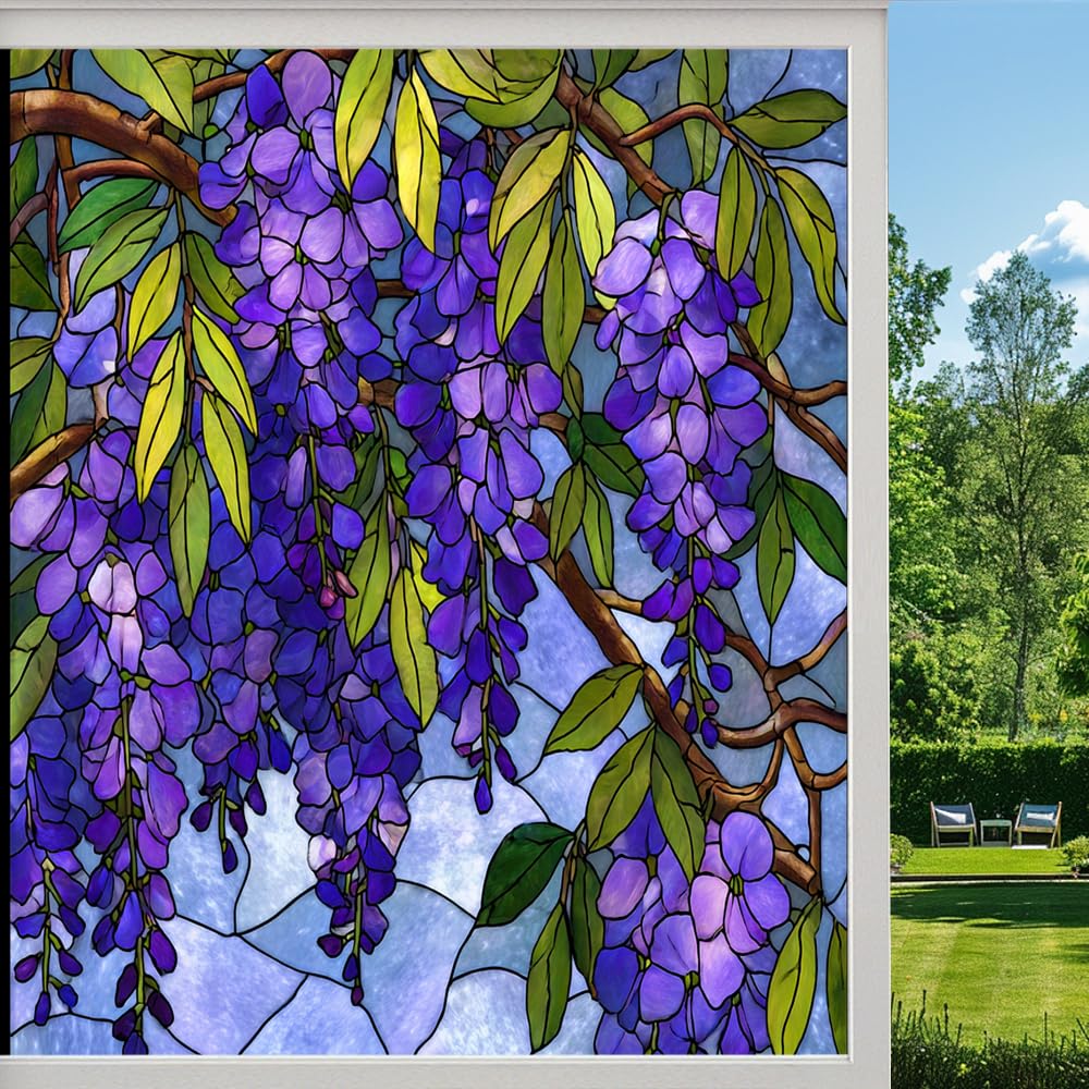 Rustic Wisteria Privacy Window Film, Spring Floral Plants Abstract Frosted Self-Adhesive Vinyl Cling for Glass Doors Bathroom Windows Sun Blocking Heat Control,（70x120cm）