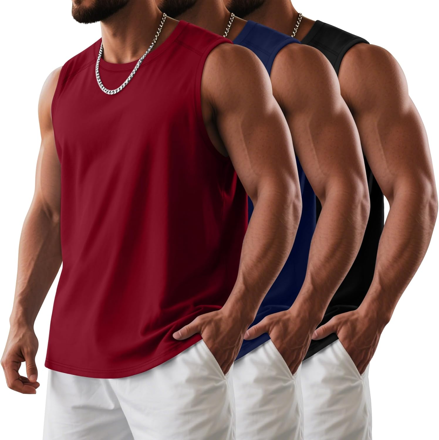 3 Pack Men's Big and Tall Tank Tops, Crewneck Sleeveless Tee Shirts Workout Swim Running Gym Muscle Shirts