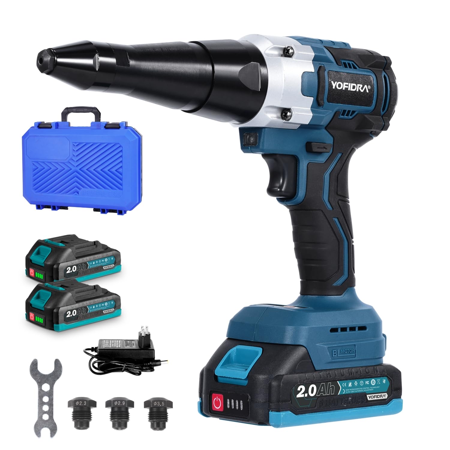 Yofidra Pistola Remachadora a Batería, Remachadora Eléctrica sin Escobillas 20000N, Remache Inalámbrica para Remaches de 2,4-5,0 mm, Luz LED, Remachadora Automática con 2 Baterías de 2,0 Ah