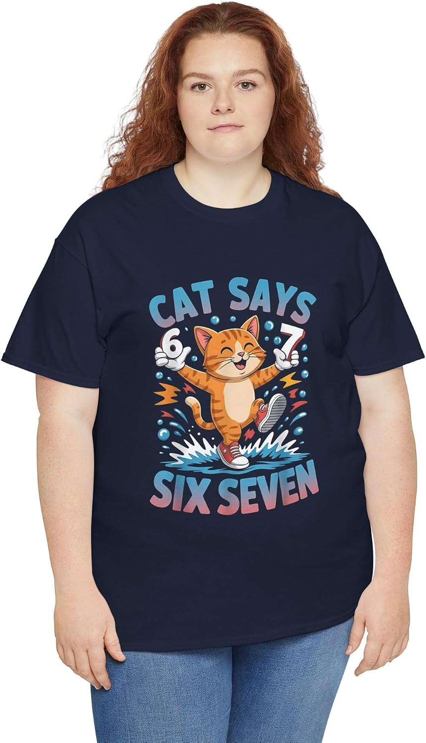 Funny Cat Says Six Seven 6 7 Meme Graphic | Gen Z Viral Trend Humor | Funny Student Teacher Gen Alpha Apparel Navy image 2