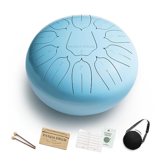 Plus (Blue) | Steel Tongue Handpan with Music Book, Mallets, Carrying Bag & Finger Picks | 11 inch, 432 Hz | Rain Drum for Inside & Outside | Calming Musical Instrument for Adults & Kids
